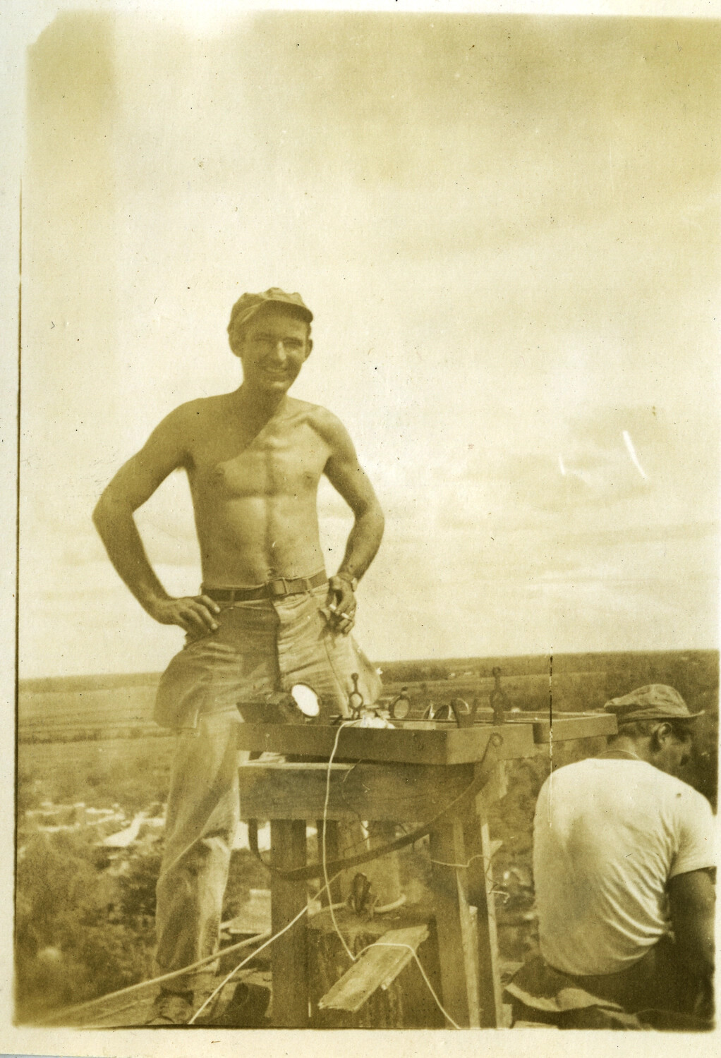 American Servicemen at Elevated Signal/Observation Post with Field Equipment, WWII Pacific Theater