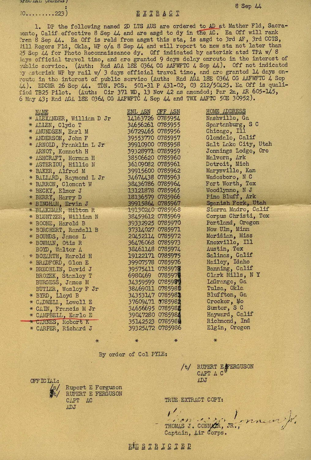Special Orders No. 223, Extract - 2nd Lieutenants Assigned to Air Corps Photo Reconnaissance Duty, 8 September 1944