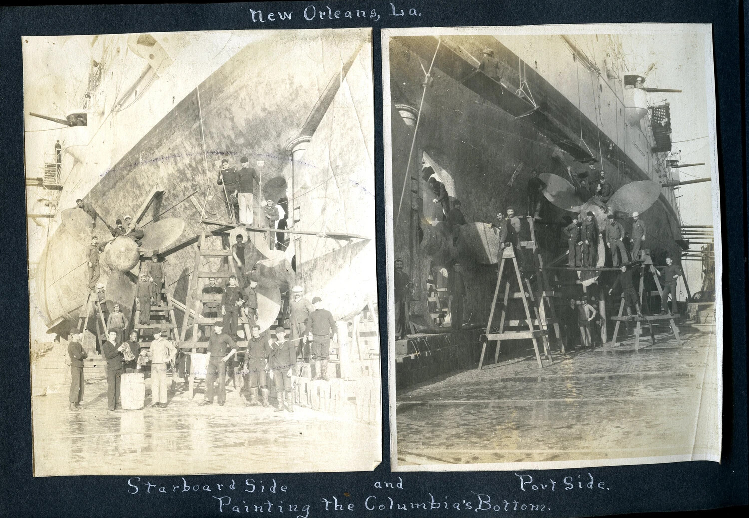 USS Columbia in Dry Dock, Starboard and Port Views of Stern and Propellers, New Orleans, Louisiana, Early 1900s