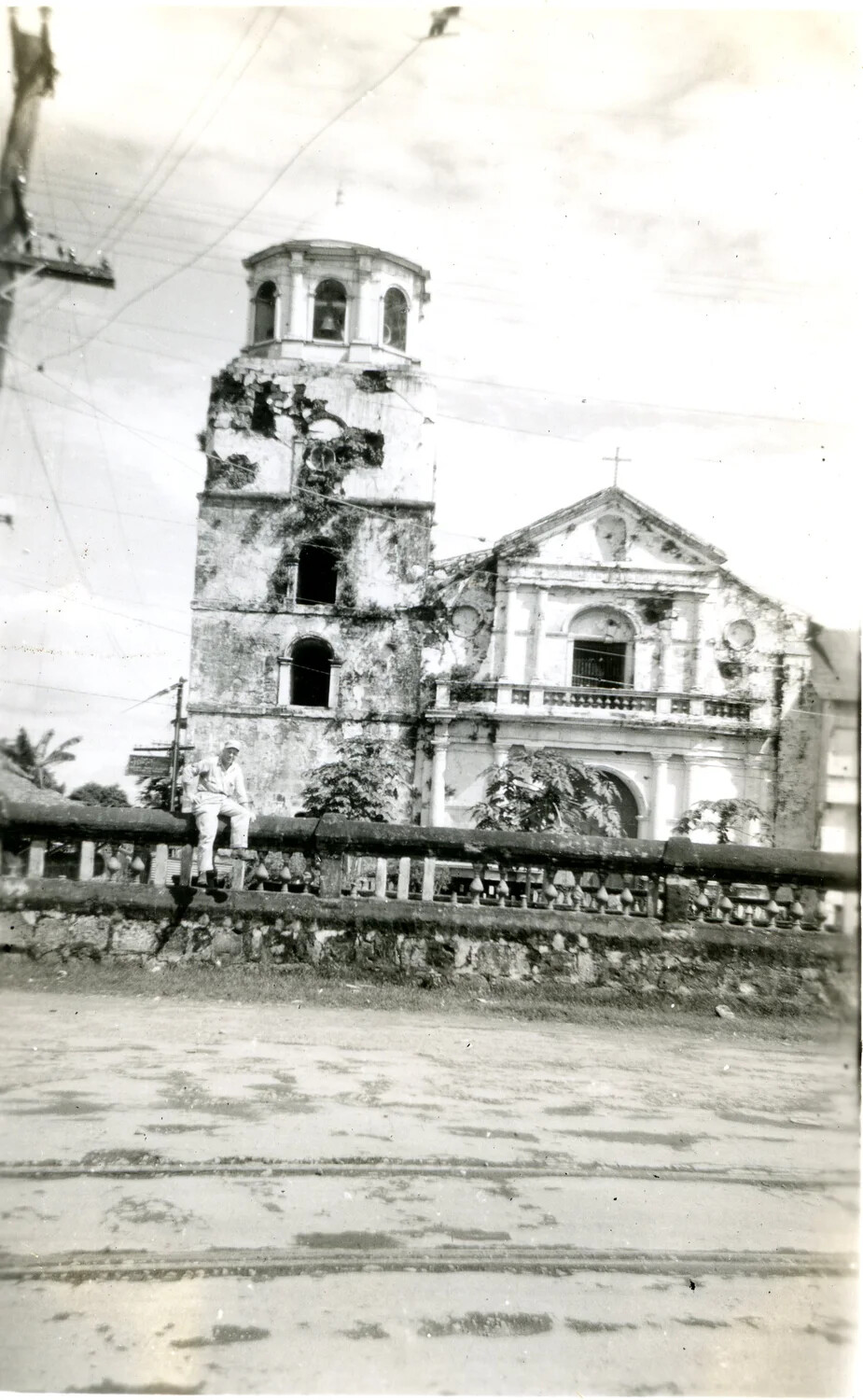 Serviceman Posing Before Shell-Damaged Spanish Colonial Church, Philippines, WWII Photo Album