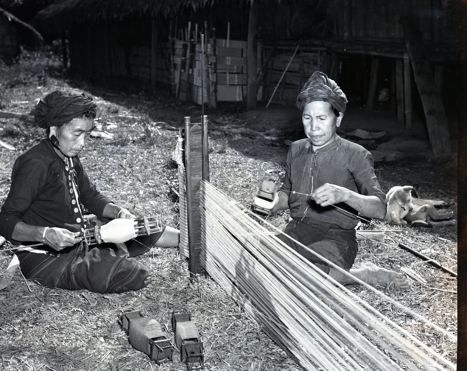 Local Women Weaving Cloth on Traditional Looms, Burma, WWII CBI Theater