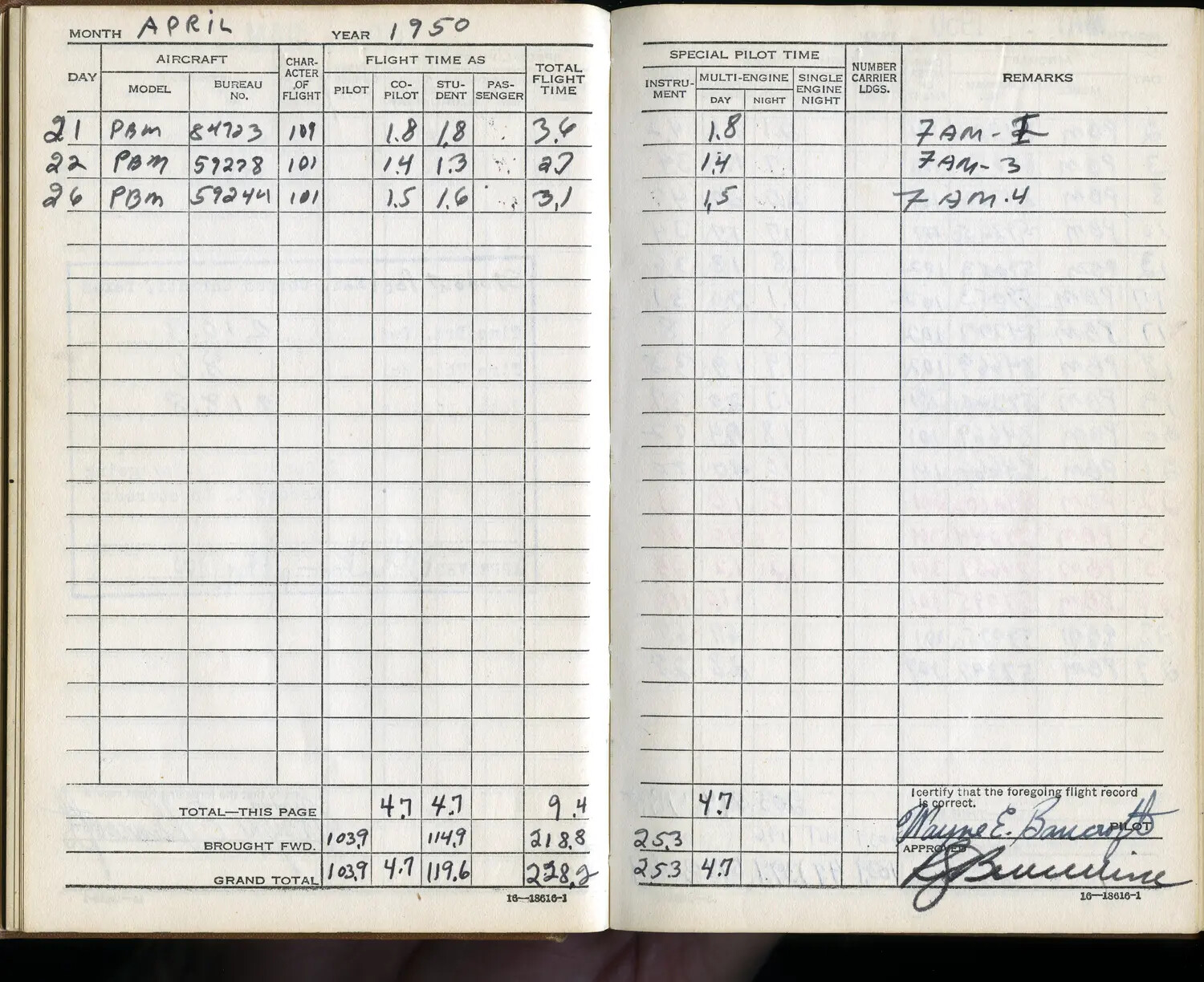 Flight Logbook Page, Lt. Wayne E. Bancroft, PBM Mariner Flights, April 1950