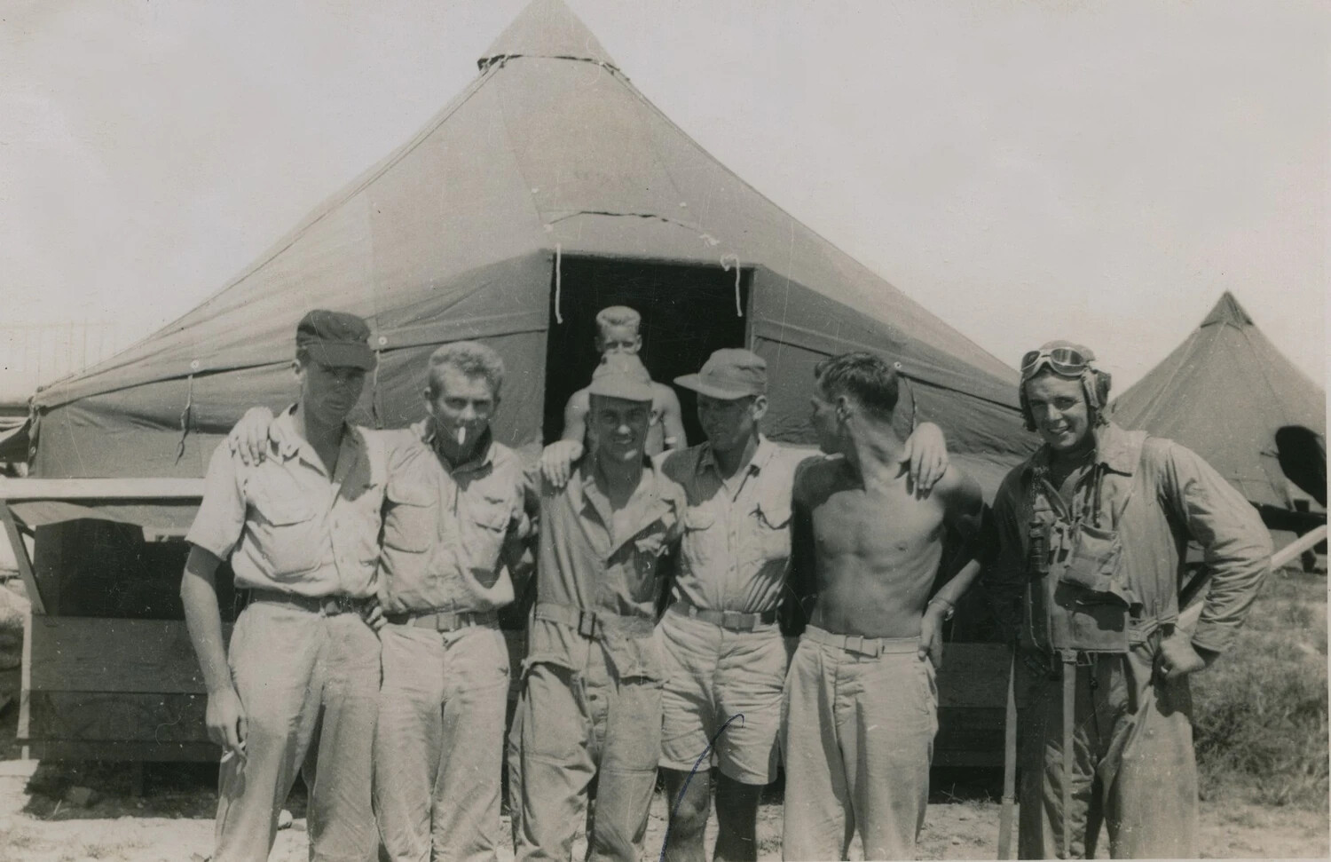 WWII Servicemen Group Portrait Outside Tent Camp, McAleer Collection