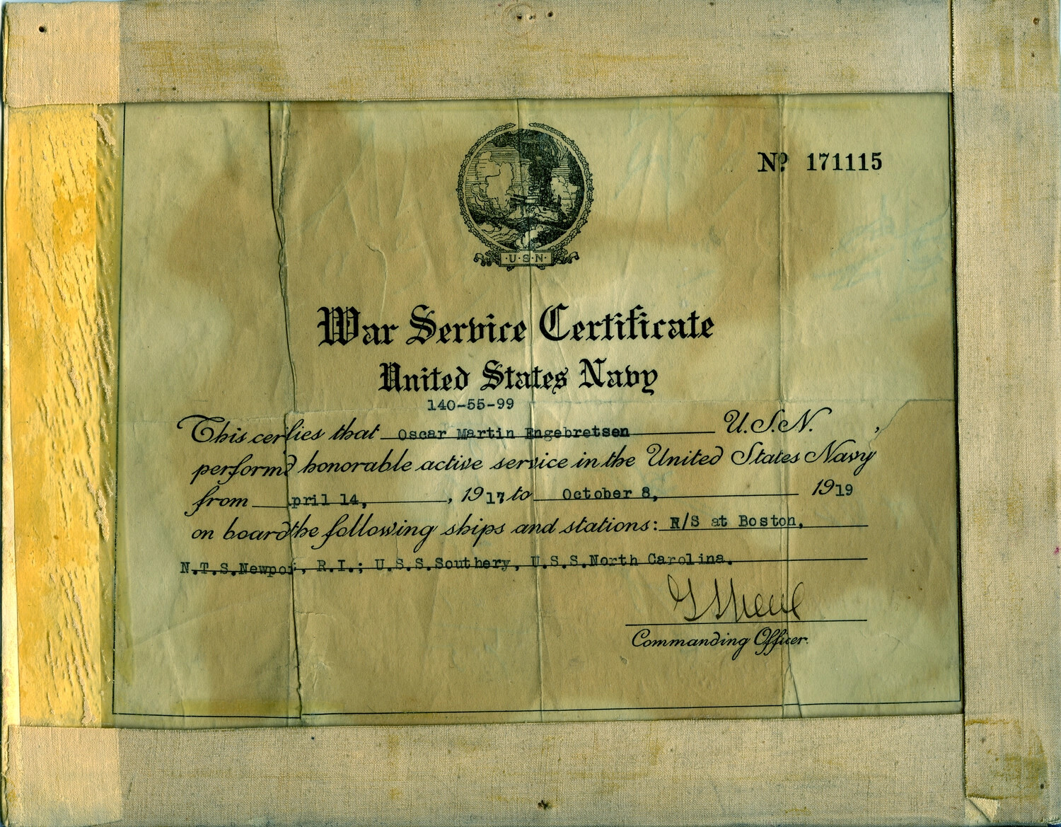 War Service Certificate, United States Navy - Oscar Martin Engebretsen