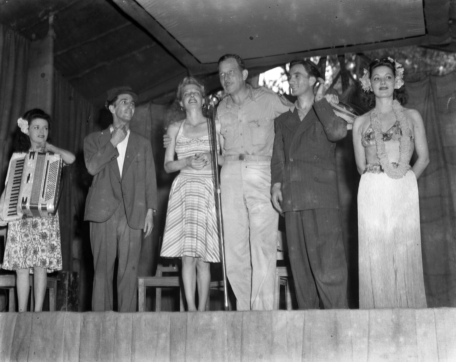 USO-Style Variety Troupe on Outdoor Stage, Myitkyina, Burma, WWII CBI Theater