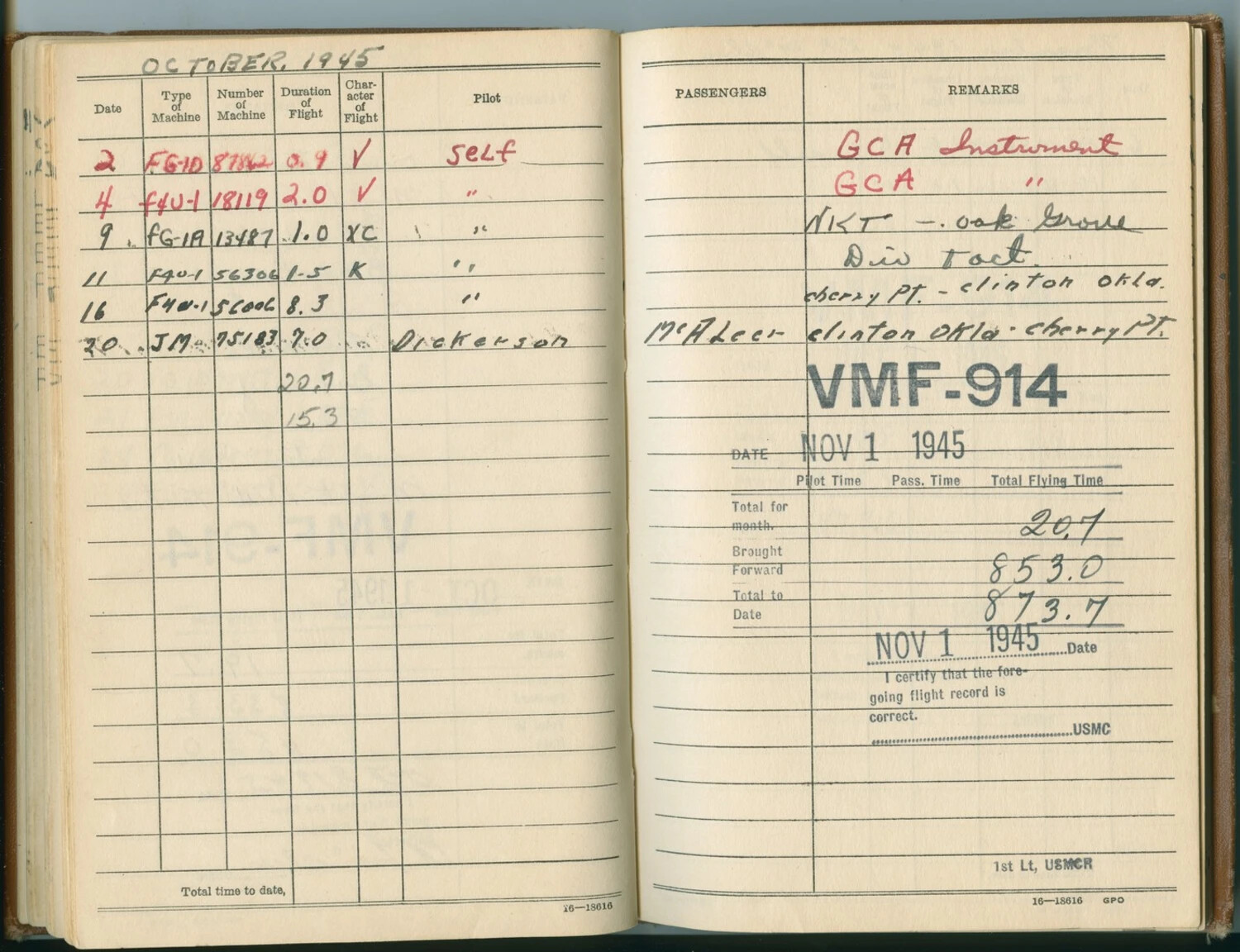 Pilot Flight Log Book Pages, October 1945, VMF-914, Corsair Fighter Flights