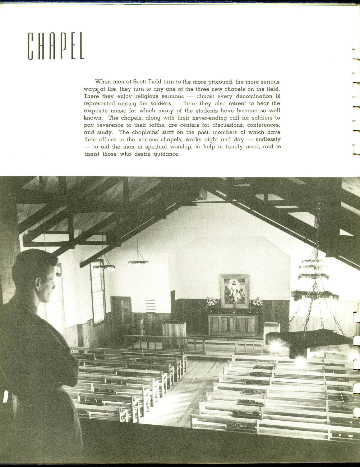 Scott Field Book, Part 1 - 'Chapel' Page, Interior View of Post Chapel with Altar and Soldier in Silhouette