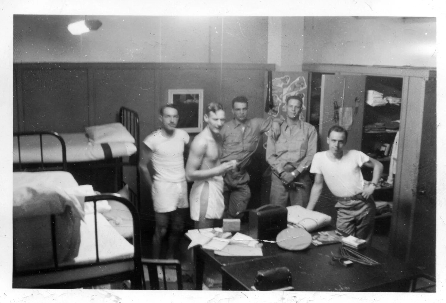 U.S. Servicemen in Barracks Quarters, Group Portrait, Korean War Era (Bancroft Collection)