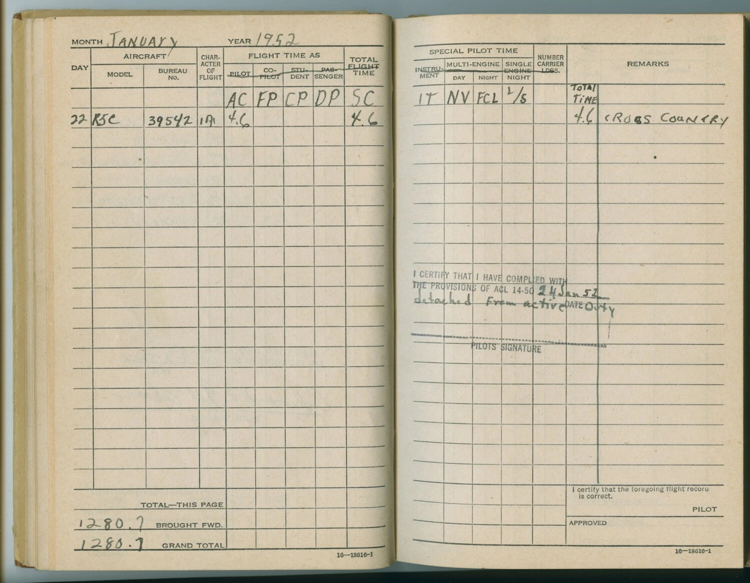 Pilot Flight Logbook Page, January 1952 — Pat McAleer, R5C Commando, Detachment from Active Duty