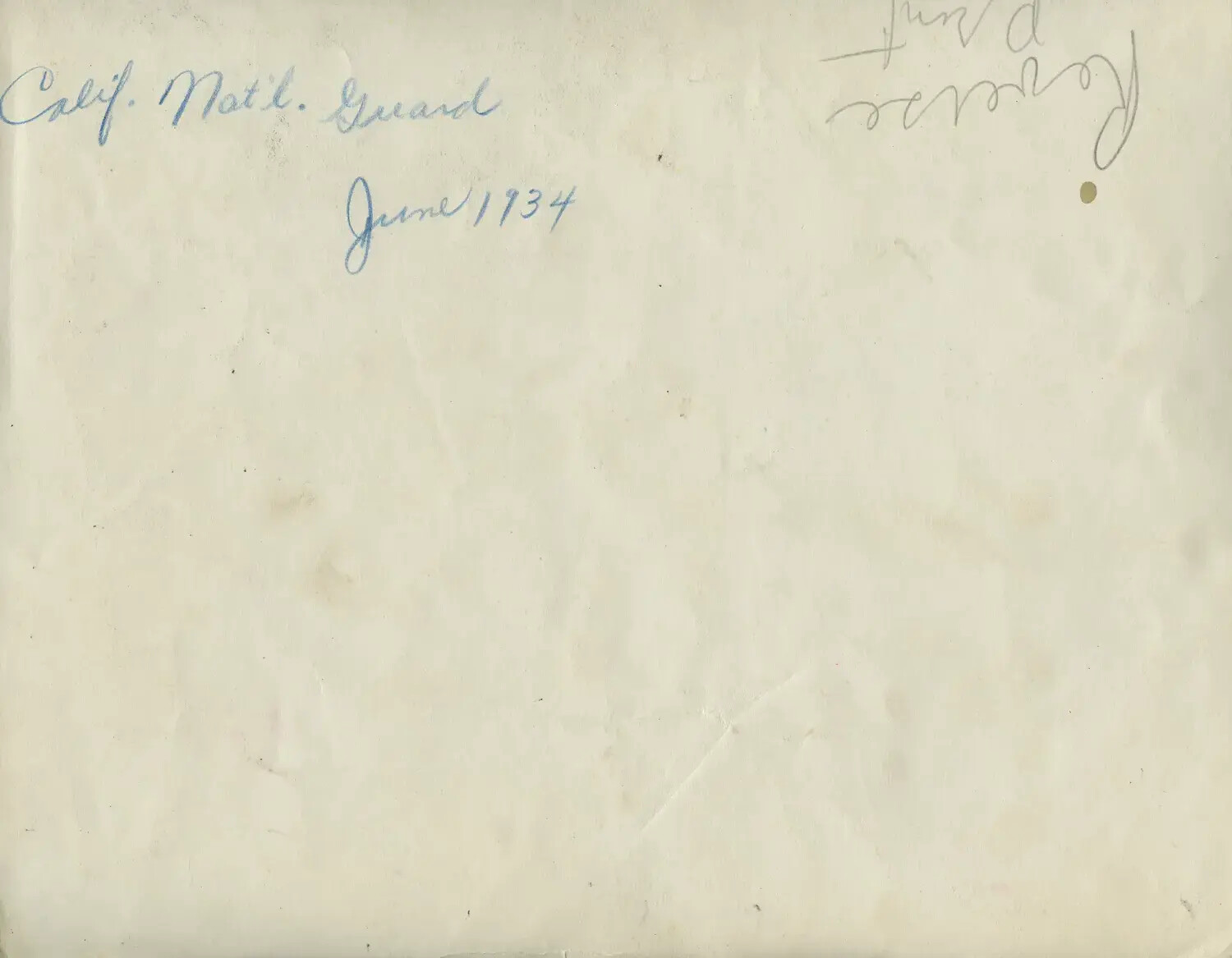 Verso of Photograph - Handwritten Caption 'Calif. Nat'l. Guard, June 1934'