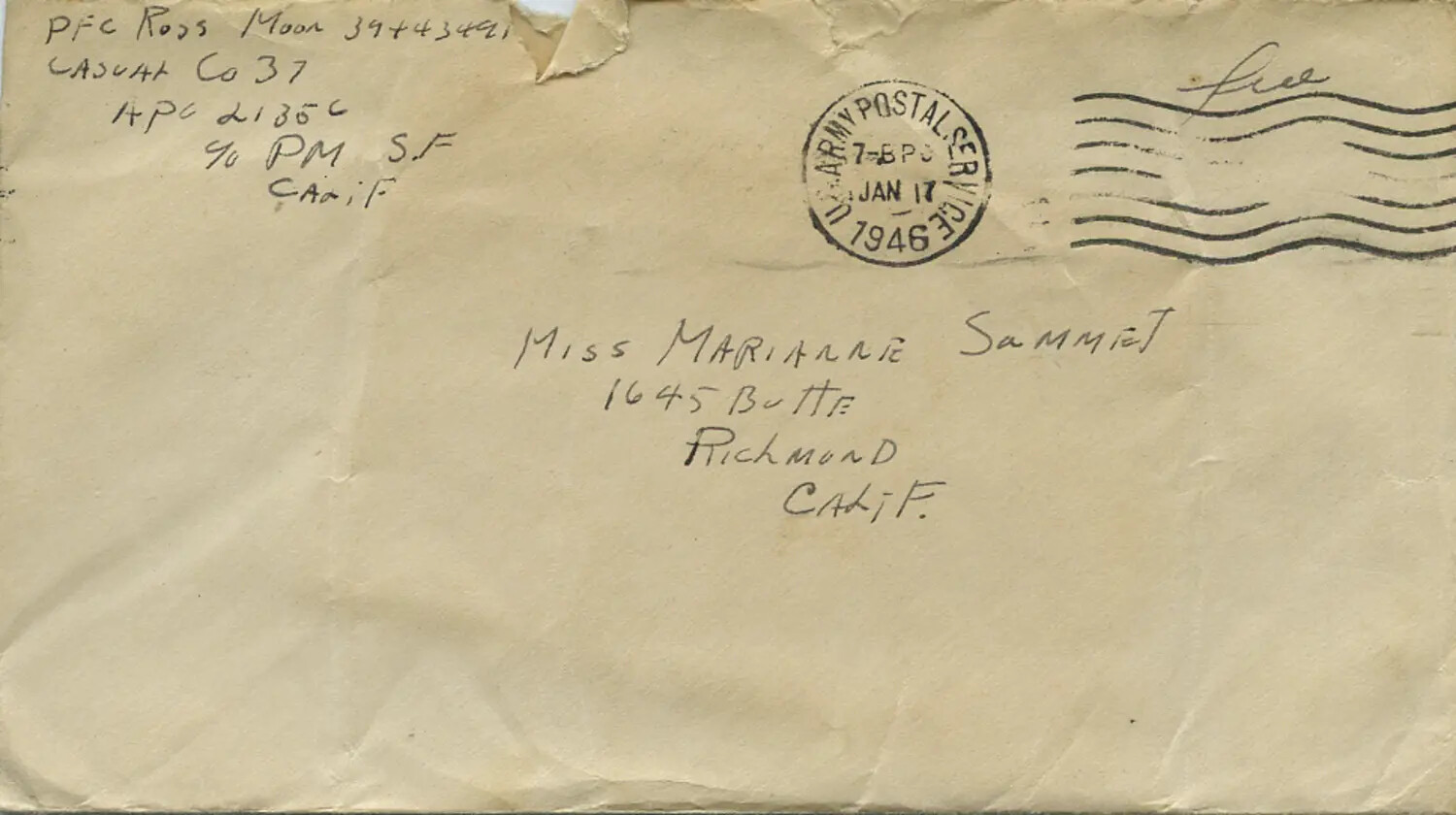 WWII Military Mail Envelope, PFC Ross Moon to Miss Marianne Sammiet, APO 2135C, January 17, 1946