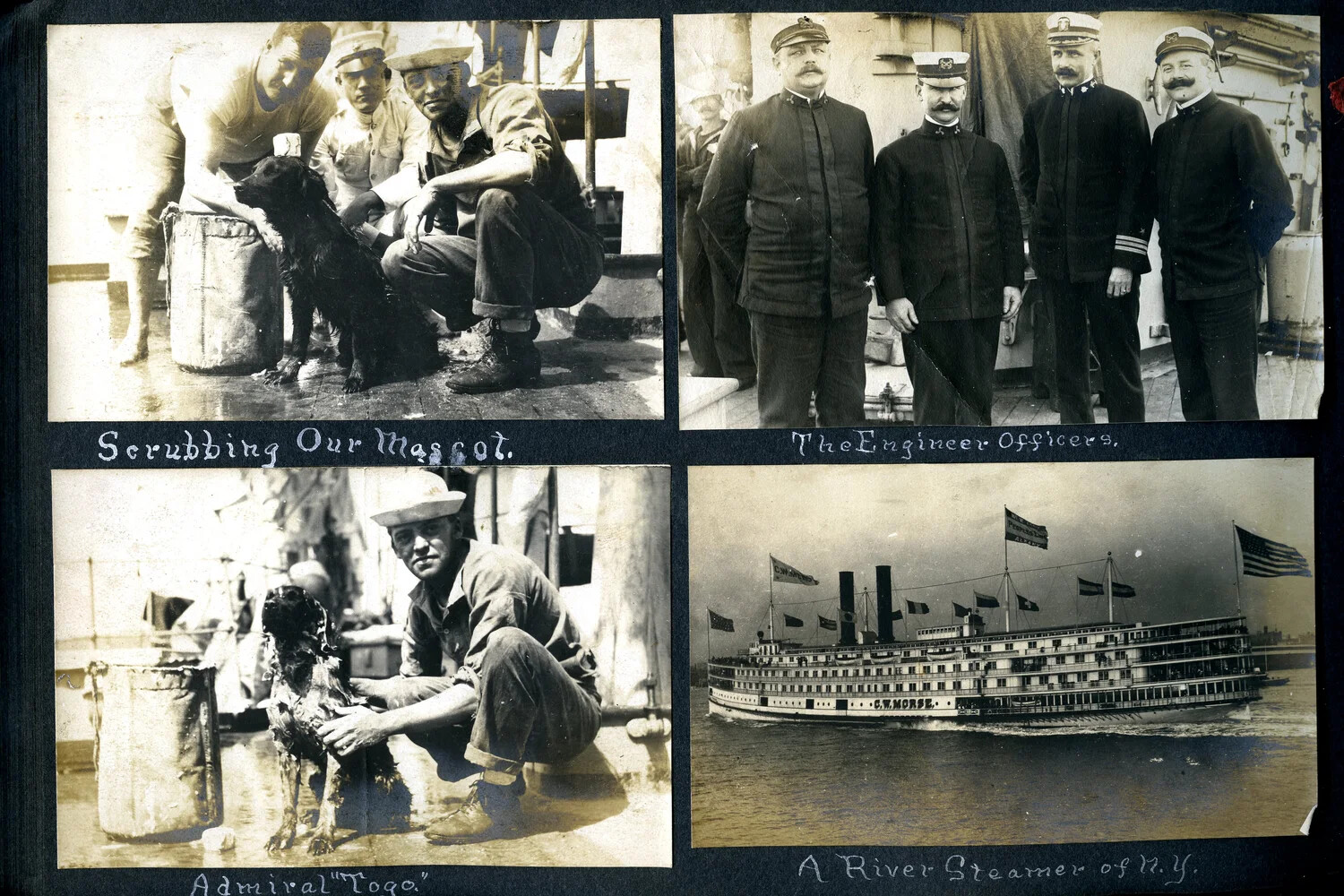 Album Page: Ship's Mascot, Engineer Officers, and River Steamer, U.S. Navy Cruiser, c. 1900-1905