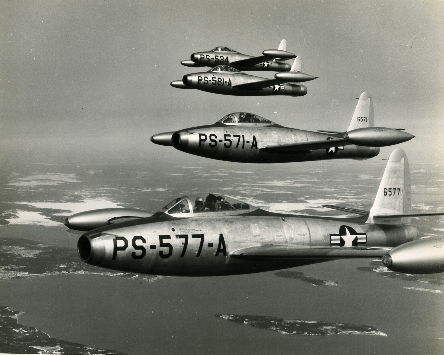 Formation of USAF Republic F-84 Thunderjet Fighter-Bombers in Flight, Japan/Korea Theater, 1950s