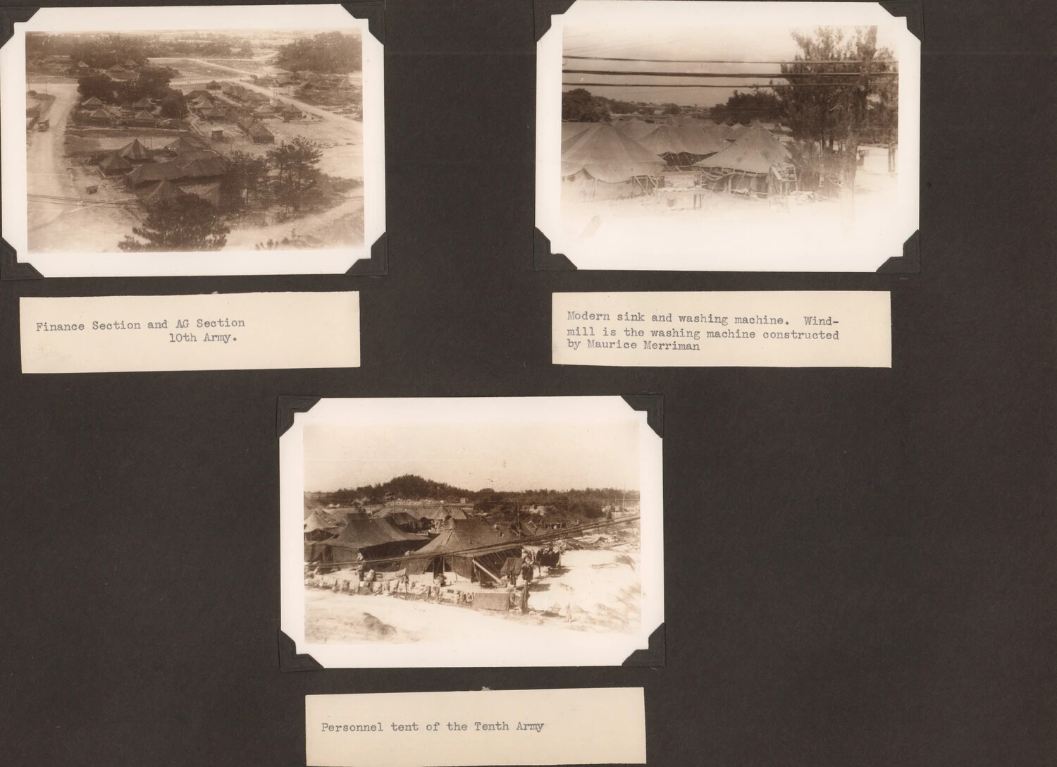 10th Army Camp Photographs with Typed Captions – Finance Section, Improvised Washing Machine, and Personnel Tents