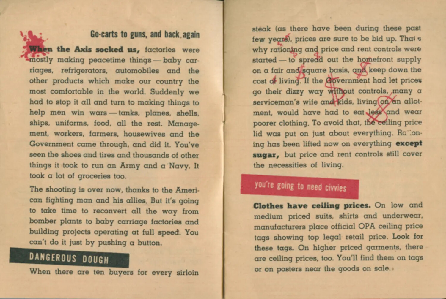 "Go-Carts to Guns, and Back Again" -- Wartime Economy and Price Control Text Spread, WWII Veteran Guide Booklet