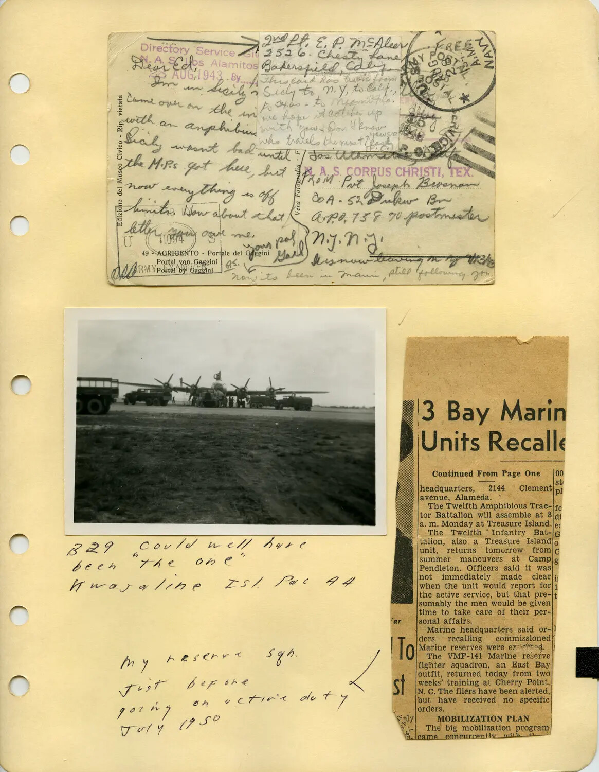 McAleer Album Page: 1943 Sicily Invasion Postcard, B-29 at Kwajalein, and 1950 Korean War Marine Reserve Recall Clipping
