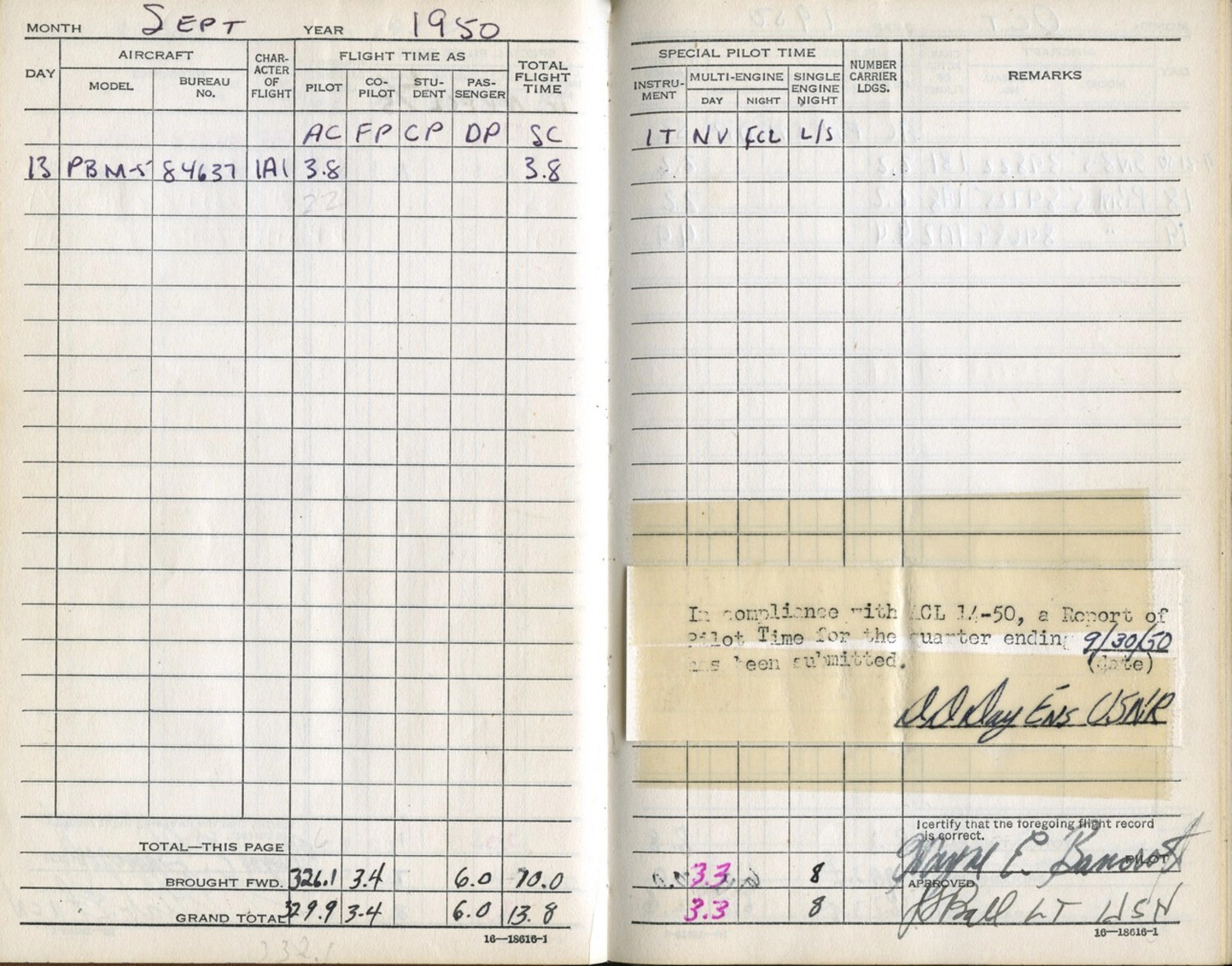 Flight Logbook Page, Lt. Wayne E. Bancroft, September 1950