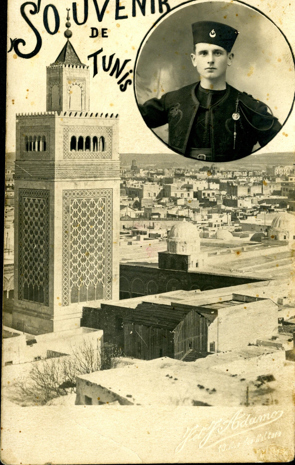 'Souvenir de Tunis' Composite Photo Postcard with Portrait Inset and Panorama of Tunis, Studio of P. Adamo