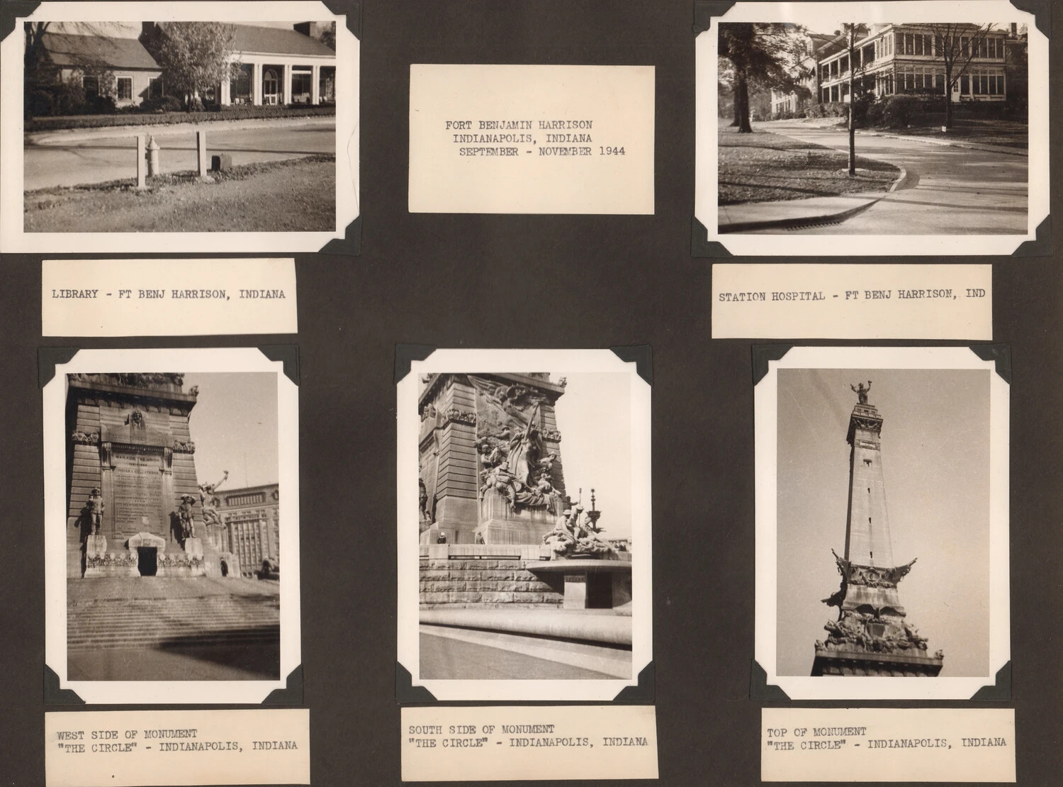 Photo Album Page: Fort Benjamin Harrison, Indiana and the Indianapolis Soldiers' and Sailors' Monument, September-November 1944