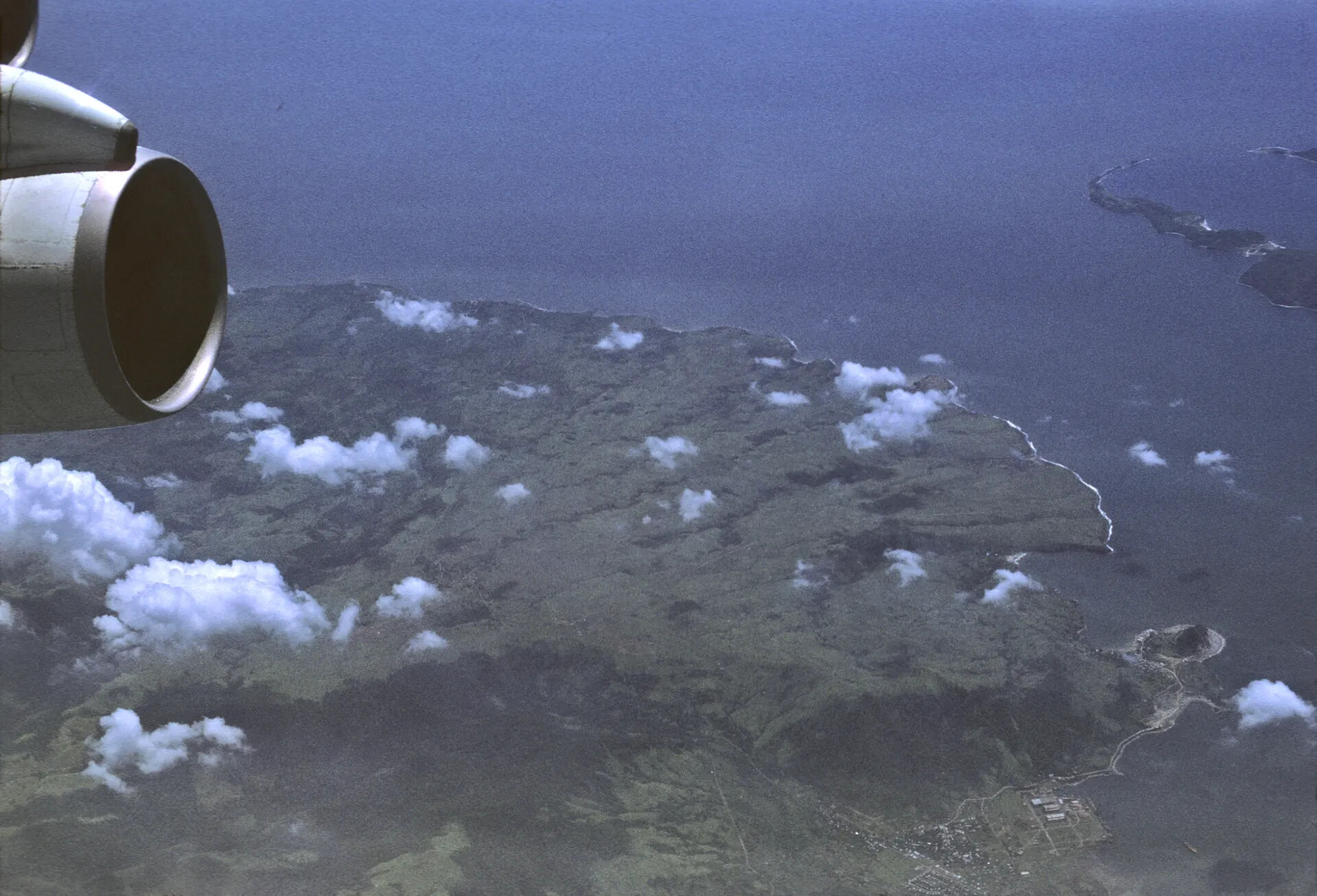 Jet Engine and Coastal Terrain Viewed from Aircraft Window, Pacific Flight, 1969