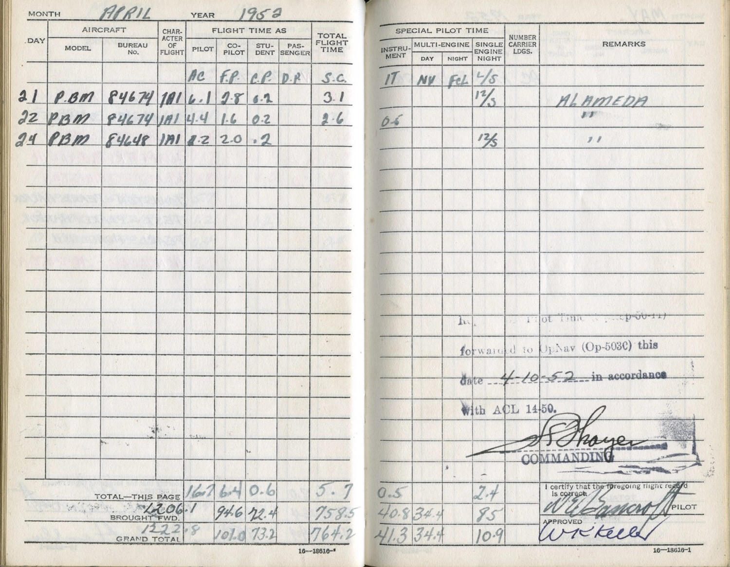 Pilot Flight Logbook Pages, April 1952, PBM Mariner Flights from NAS Alameda — Lt. Bancroft Korean War Collection