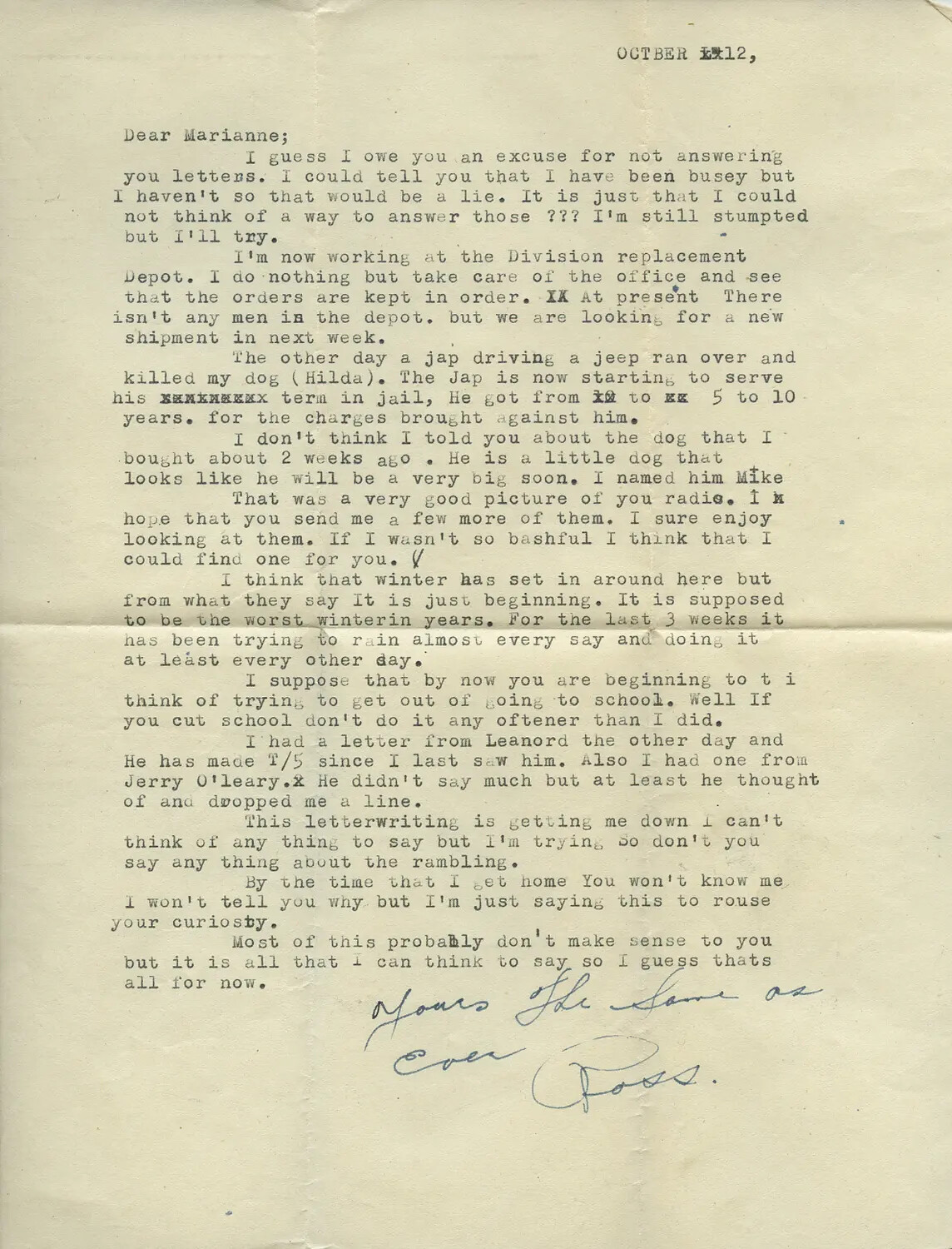 Typewritten WWII Personal Letter to "Marianne" from a Serviceman at a Division Replacement Depot, October 12