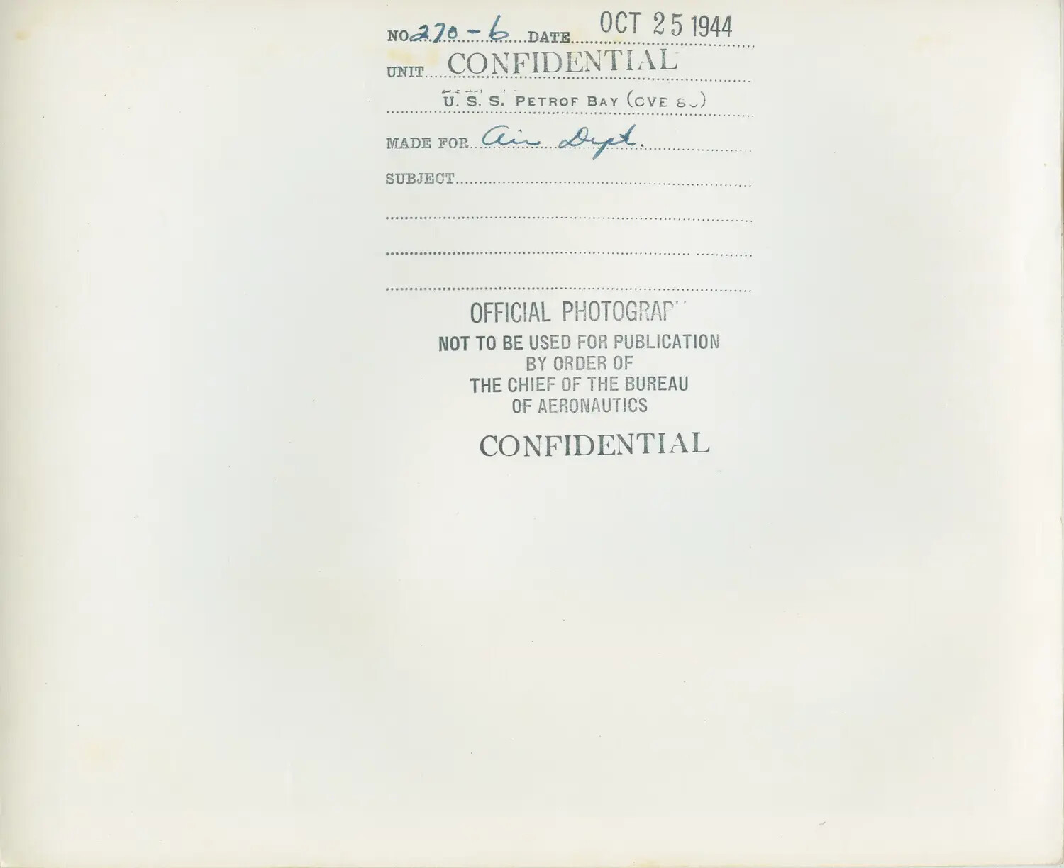 Official U.S. Navy Photograph Caption Card, USS Petrof Bay (CVE-80), October 25, 1944