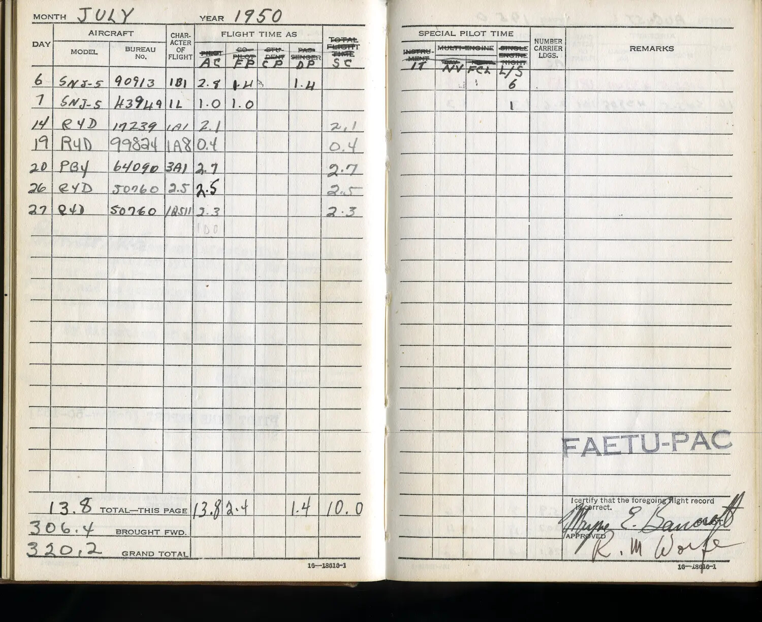 Pilot Flight Logbook Page, Lt. Wayne E. Bancroft, Sr., July 1950 -- FAETU-PAC