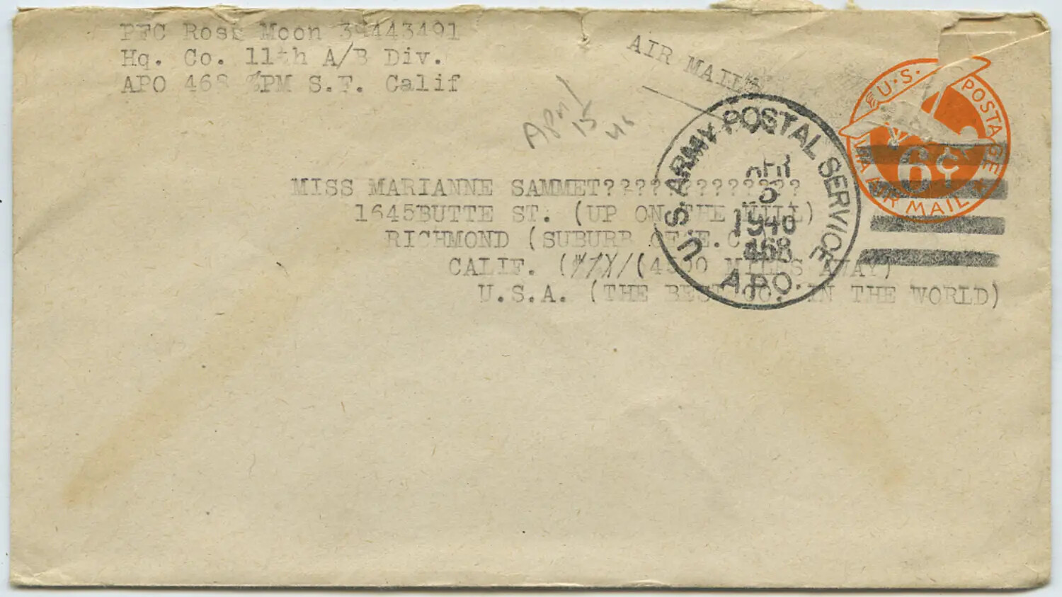 WWII V-Mail/Airmail Envelope, PFC Rose Moon, Hq. Co., 11th Airborne Division, APO 468, April 1945