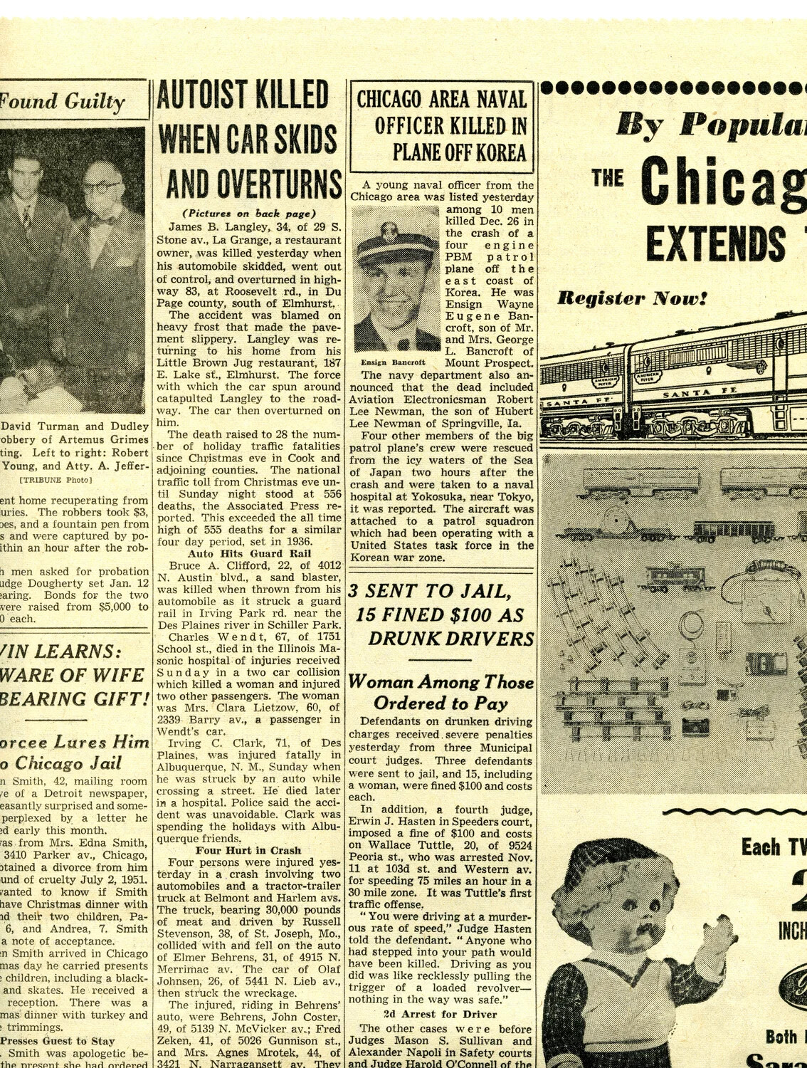 Newspaper Clipping: "Chicago Area Naval Officer Killed in Plane Off Korea" (Ensign Wayne E. Bancroft)