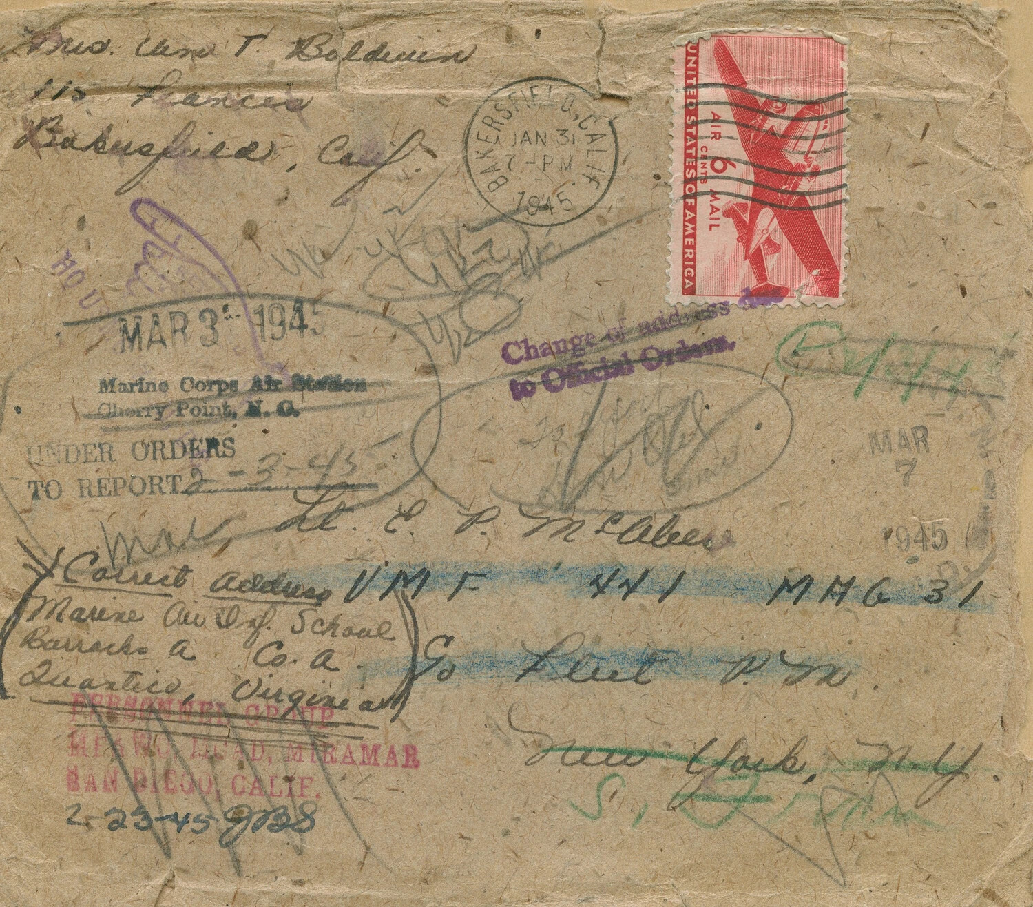 Forwarded Wartime Envelope Addressed to Lt. E. P. McAleer, VMF-441/MAG-31, 1945