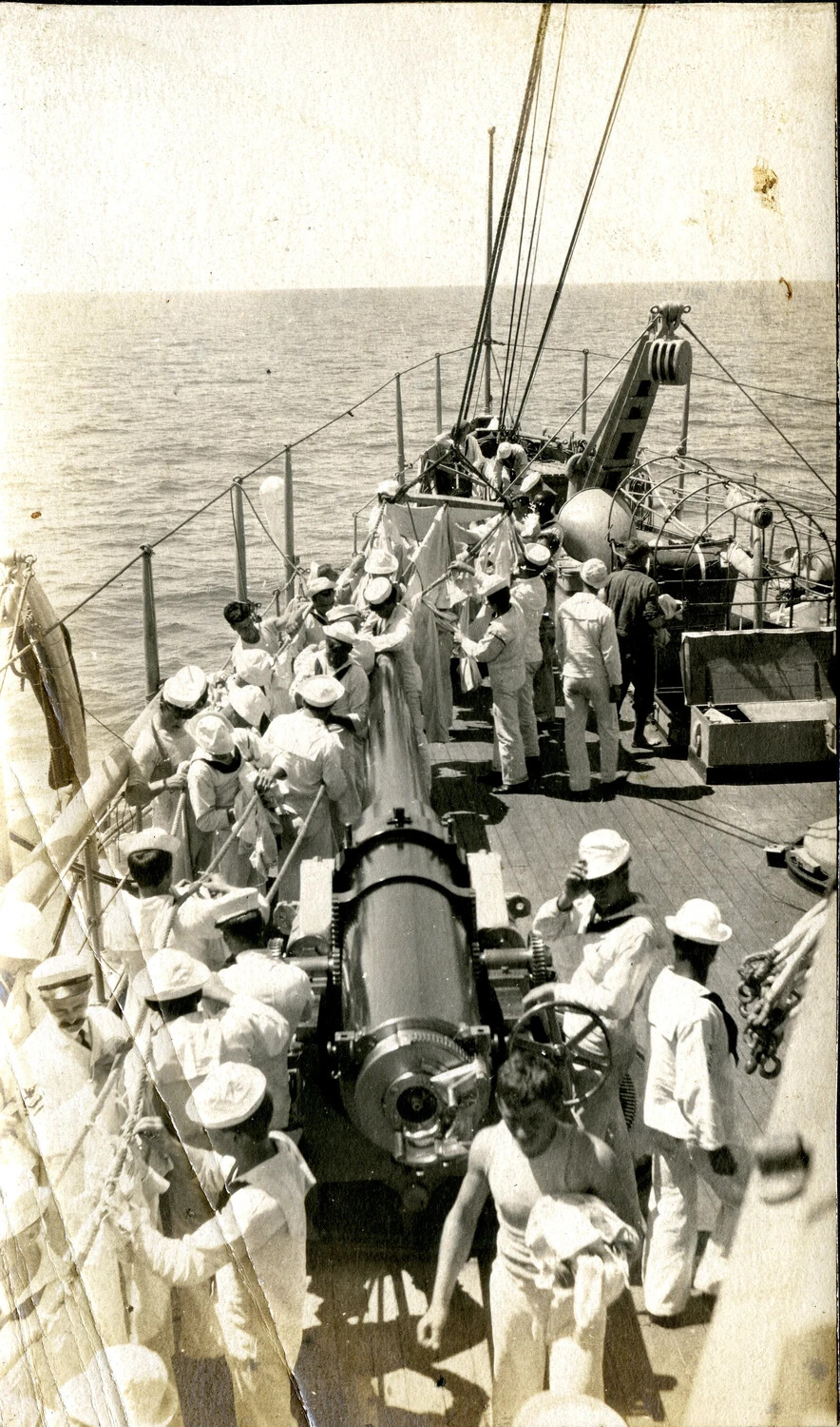 'Pipe Down Scrub & Wash Clothes' - Sailors on Deck at Laundry Duty, USS Columbia Album, c. 1898-1910s