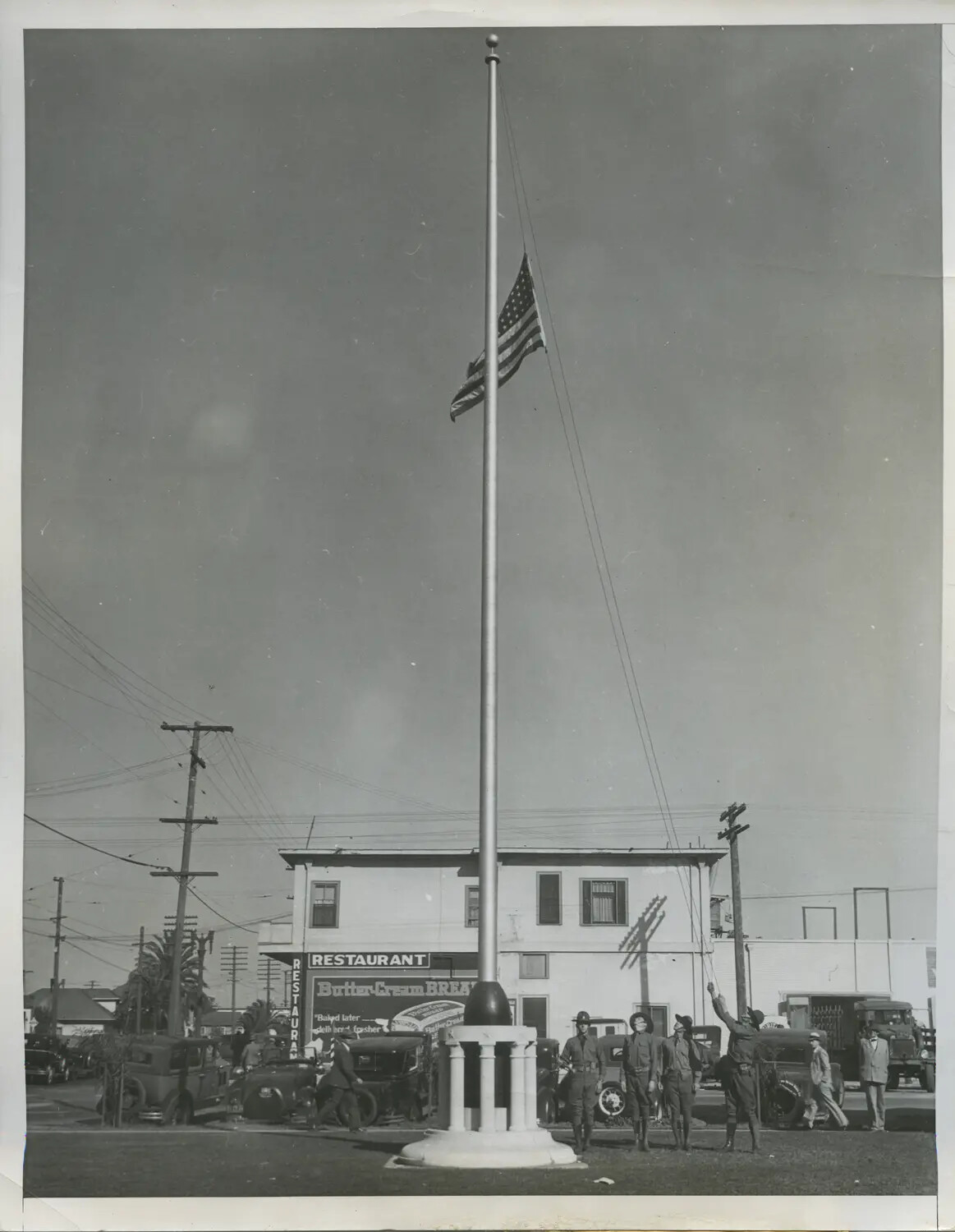 Flag at Half-Staff with Military Honor Guard at Memorial Flagpole, circa 1920s-1930s
