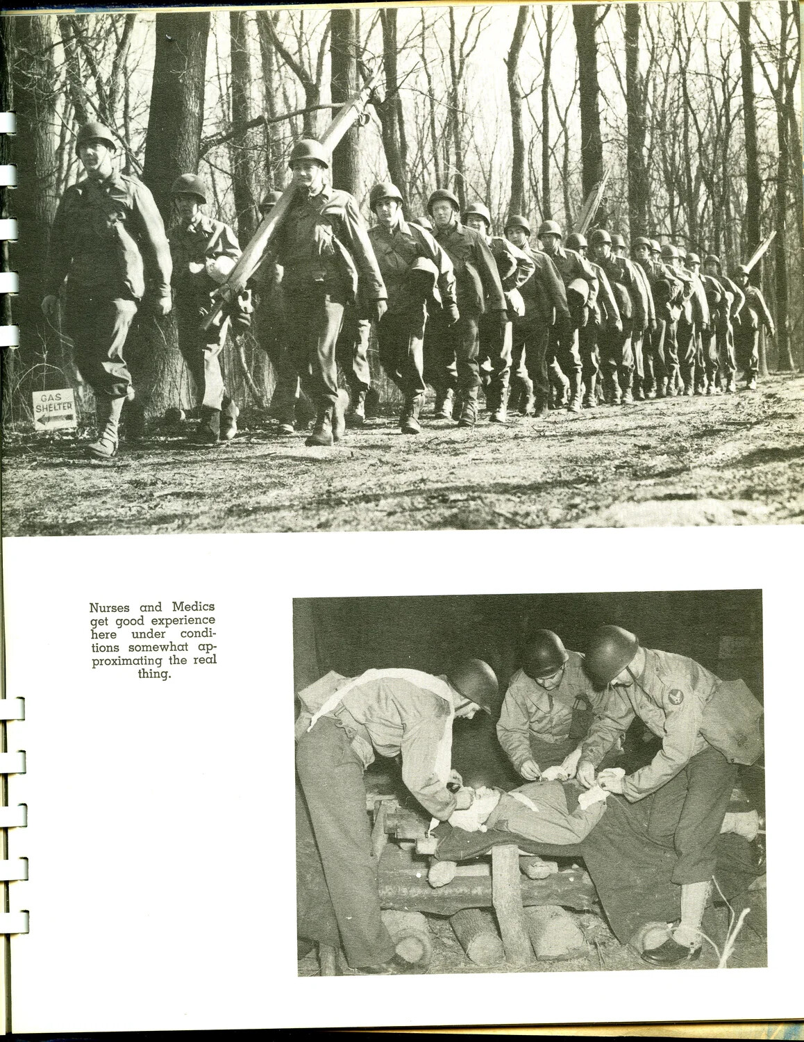 Scott Field Training Yearbook Page: Litter-Bearer March and Simulated Casualty Treatment Exercise, WWII