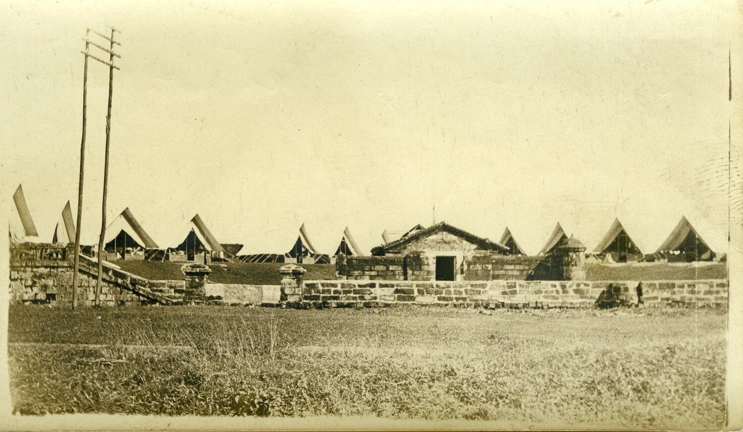 U.S. Army Tent Encampment Behind Spanish Colonial Fortification Wall, Philippines, Early 1900s