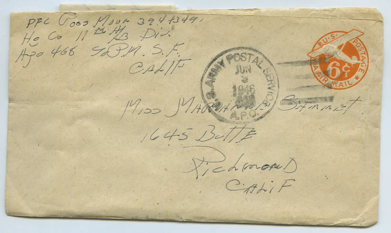 WWII/Occupation-Era Airmail Envelope, Pfc. Ross Moon (11th Airborne Division) to Miss Marianna Sammiet, June 1946