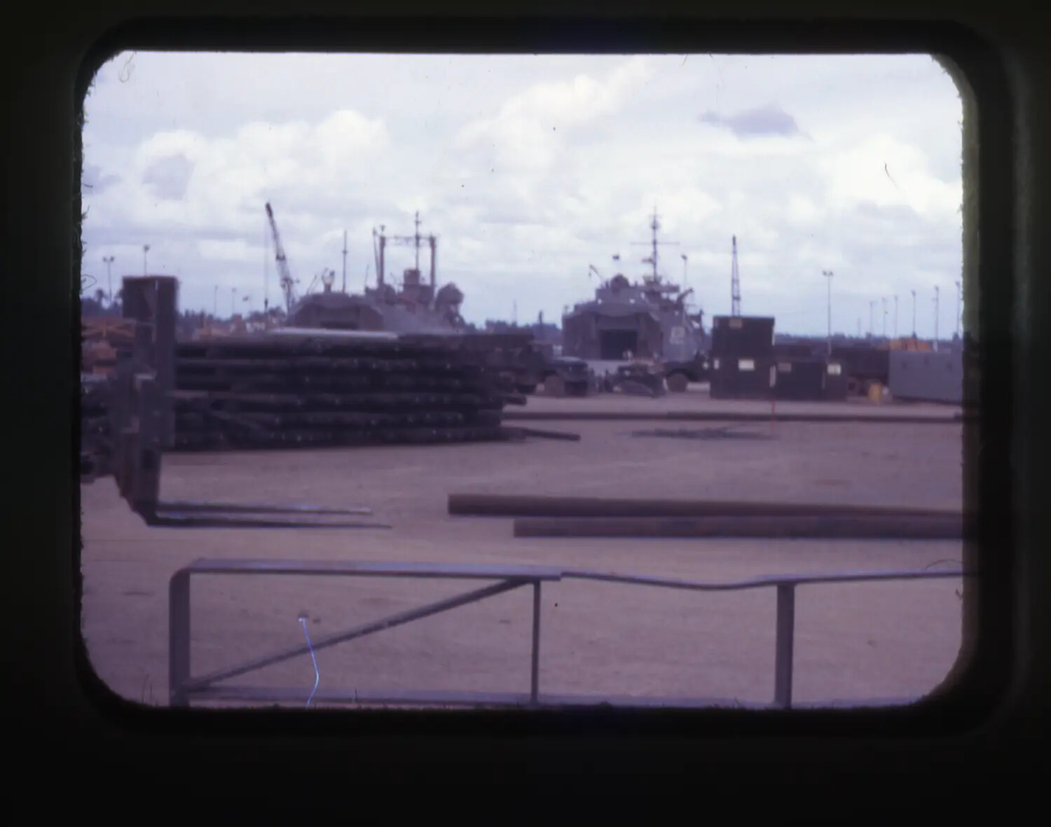 U.S. Military Logistics Yard with LST and Steel Matting, Vietnam (Cam Ranh Bay), Vietnam War Era
