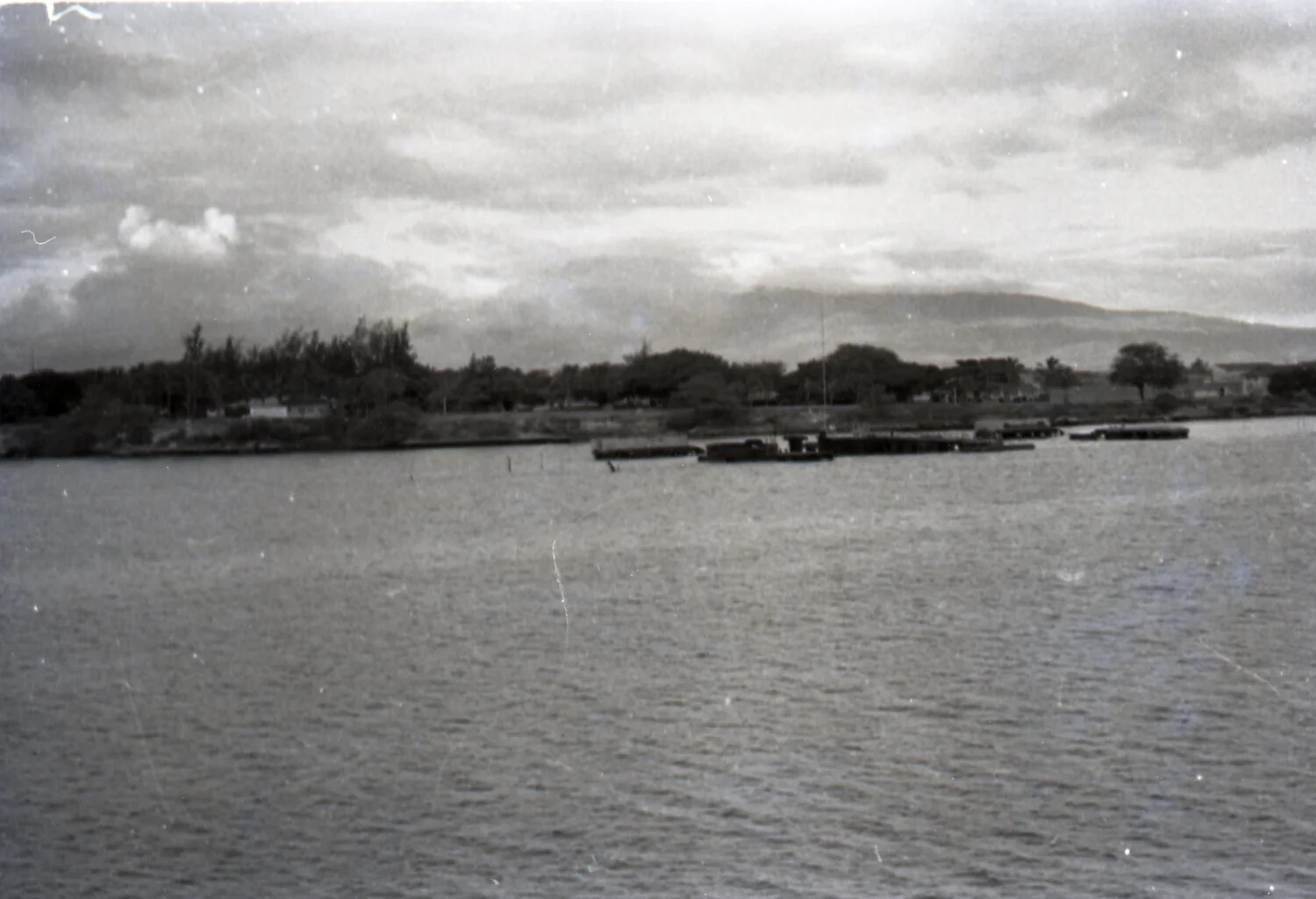 Distant View of USS Arizona Wreck Site, Pearl Harbor, Hawaii, 1954