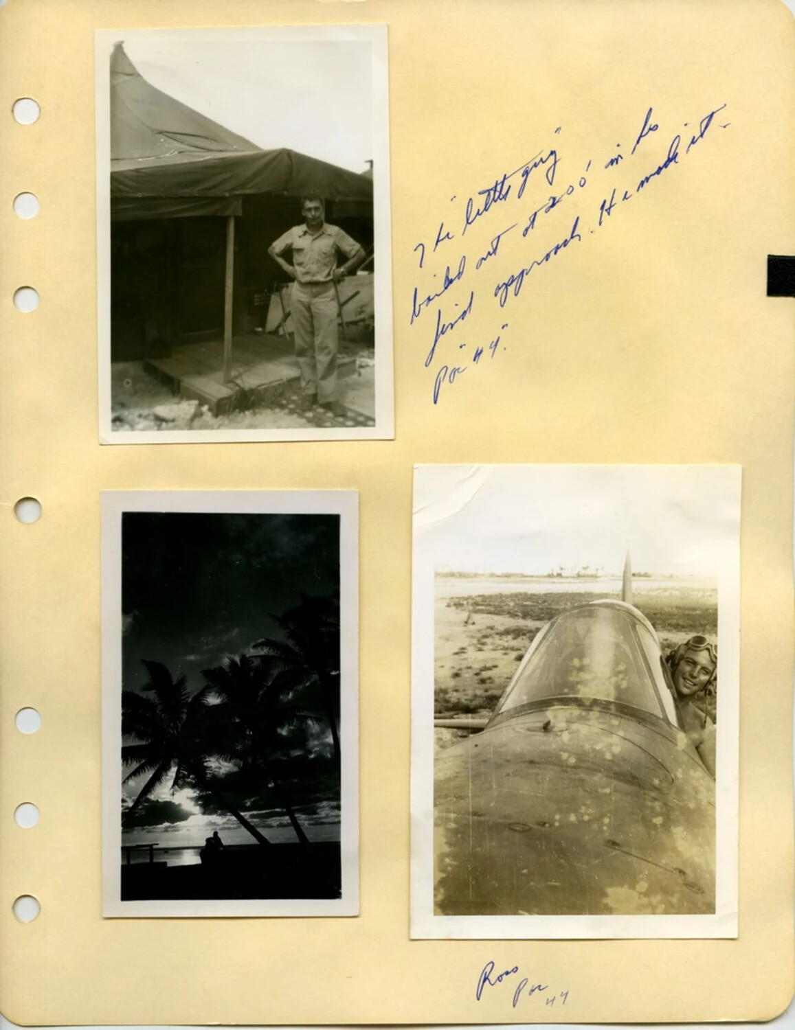 WWII Pacific Theater Album Page: Airbase Life, Tent Quarters, and Fighter Aircraft Cockpit Portrait, 1944