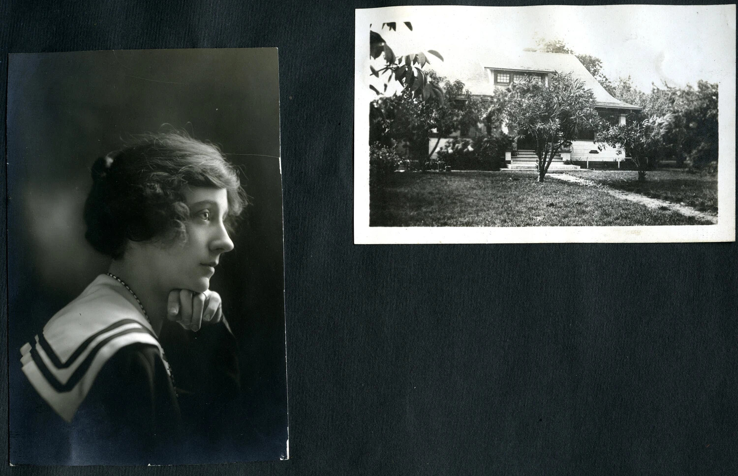 Studio Profile Portrait of a Young Woman and Snapshot of a Bungalow Residence, c. 1915-1920