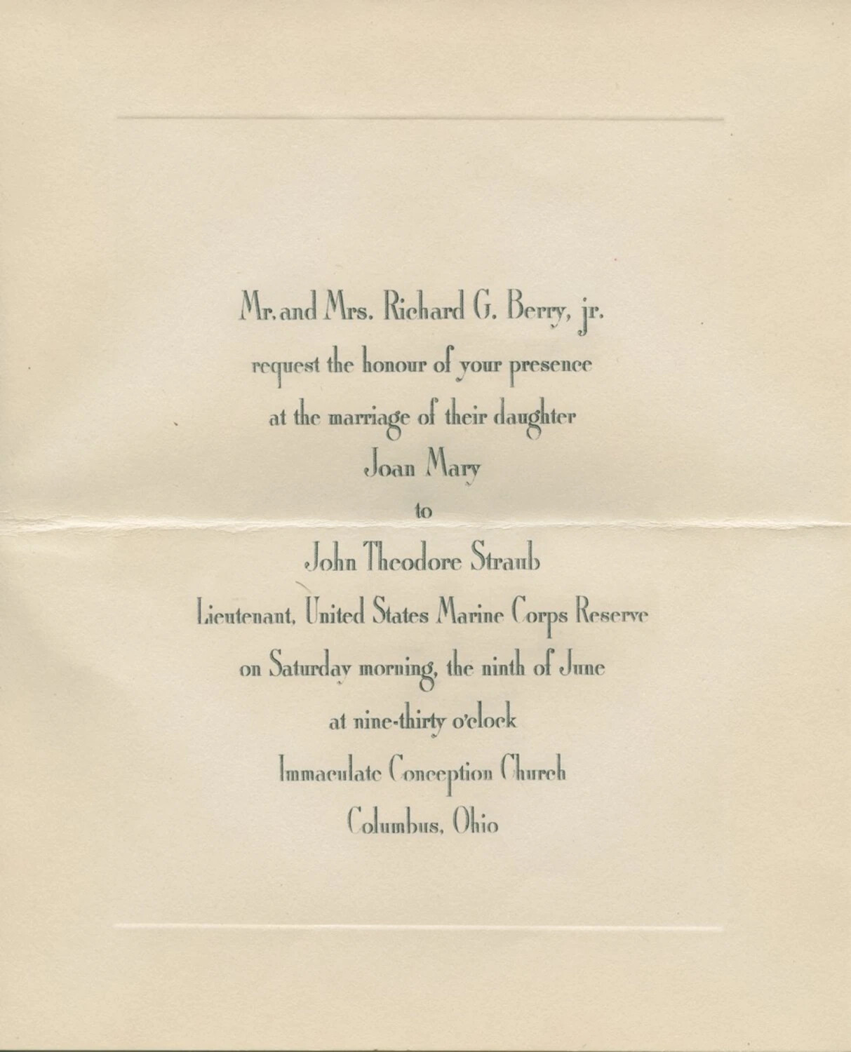 Wedding Invitation for Joan Mary Berry and Lt. John Theodore Straub, USMCR