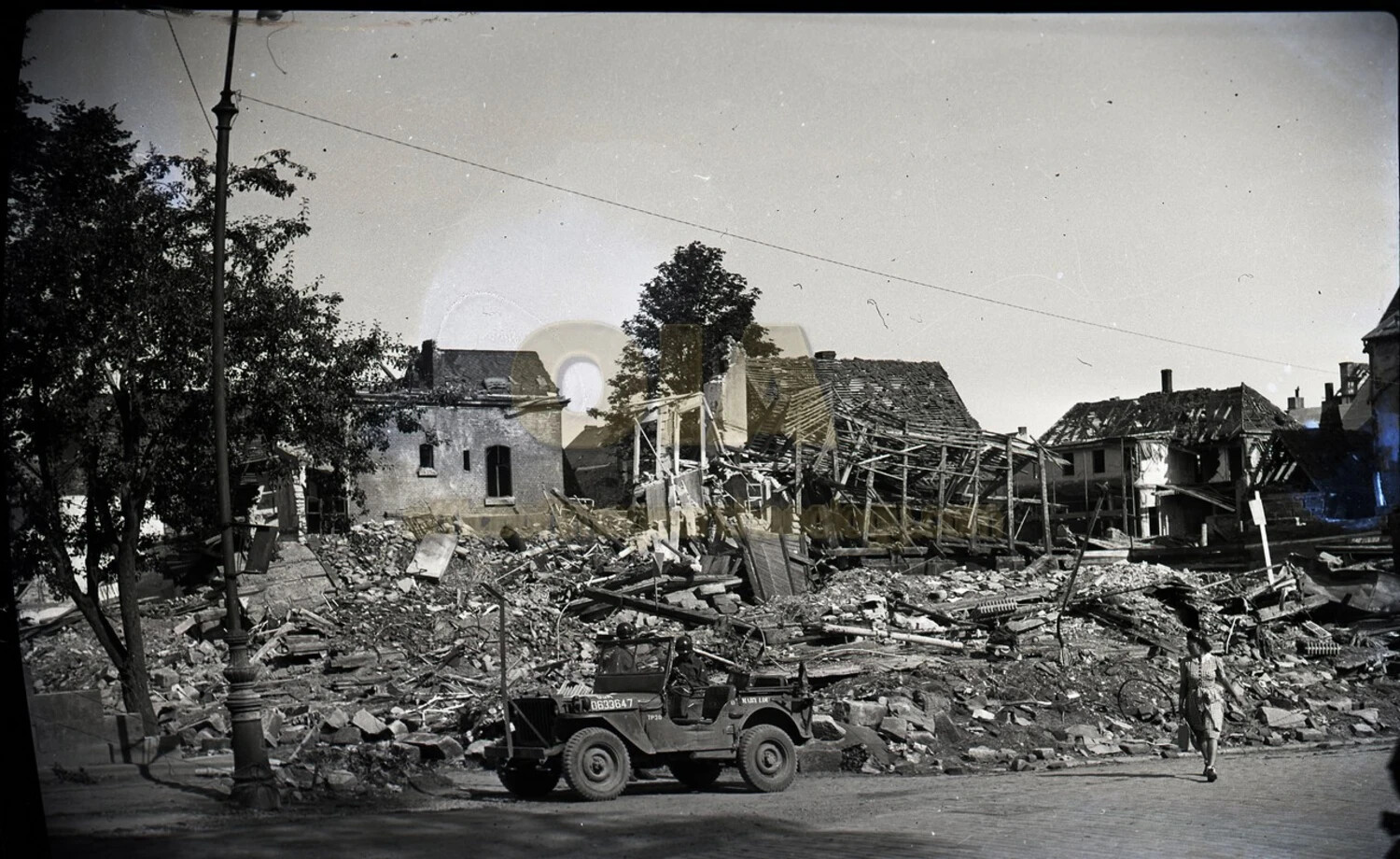 Bomb-Damaged Residential Street with US Army Jeep, Bremerhaven, Germany, Post-WWII (Alternate View)