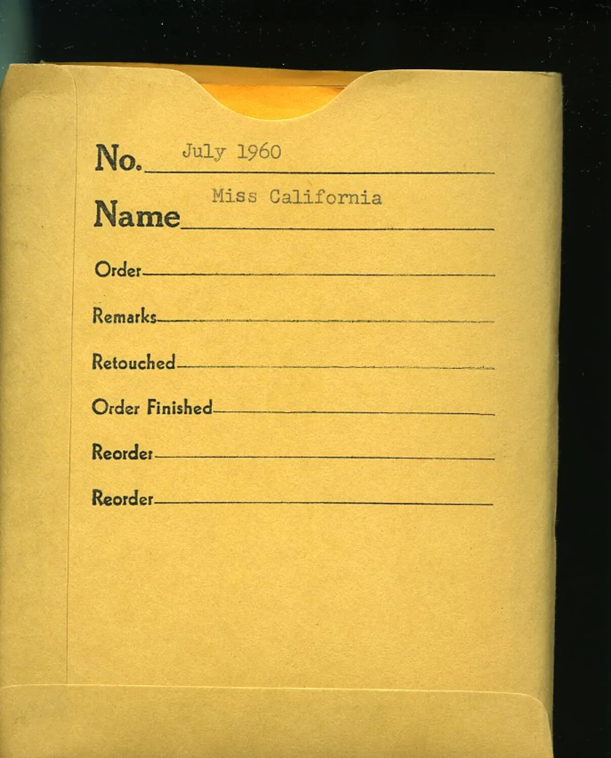 Photo Studio Order Envelope: 'Miss California,' July 1960