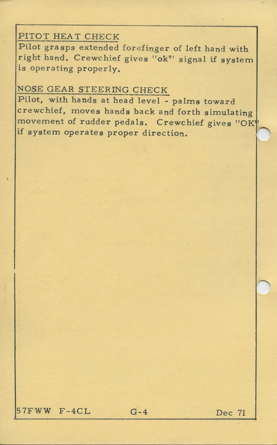 57th Fighter Weapons Wing F-4 Phantom Ground Crew Checklist Card - Pitot Heat and Nose Gear Steering Checks, December 1971