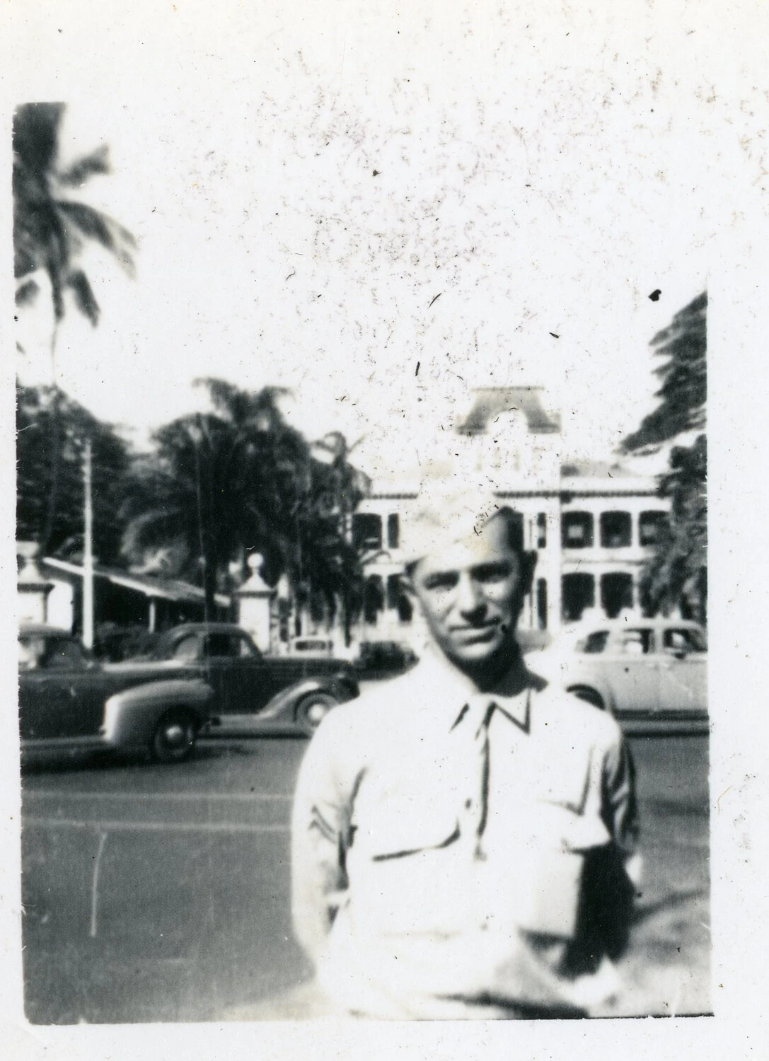 Serviceman Posing on Street in Honolulu, Hawaii, World War II Era