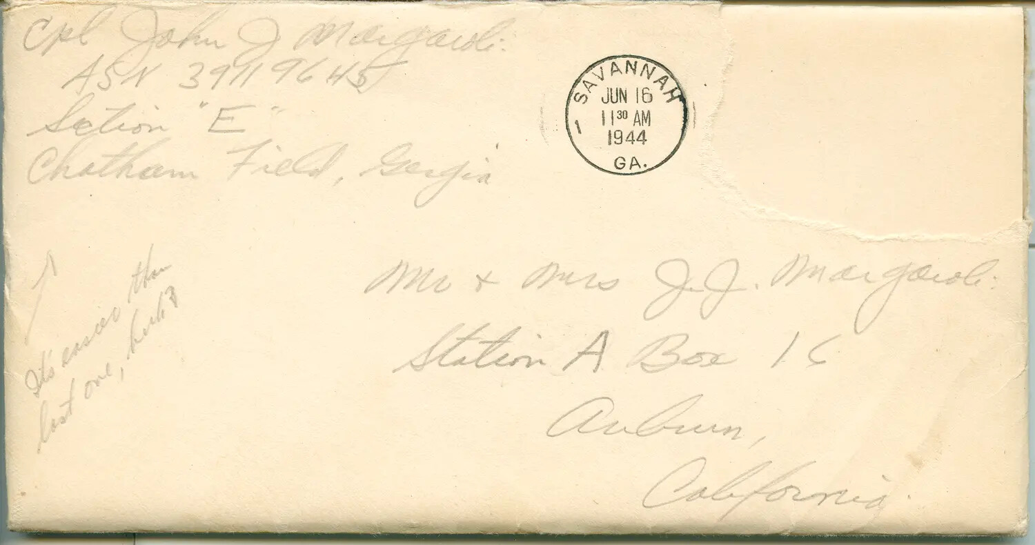 WWII Envelope, Cpl. John J. Margaroli, Chatham Field, Georgia, Postmarked June 16, 1944