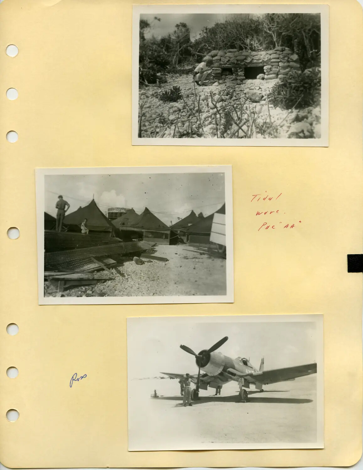 WWII Pacific Album Page: Coral Bunker, Storm-Damaged Tent Camp, and US Navy Fighter Aircraft