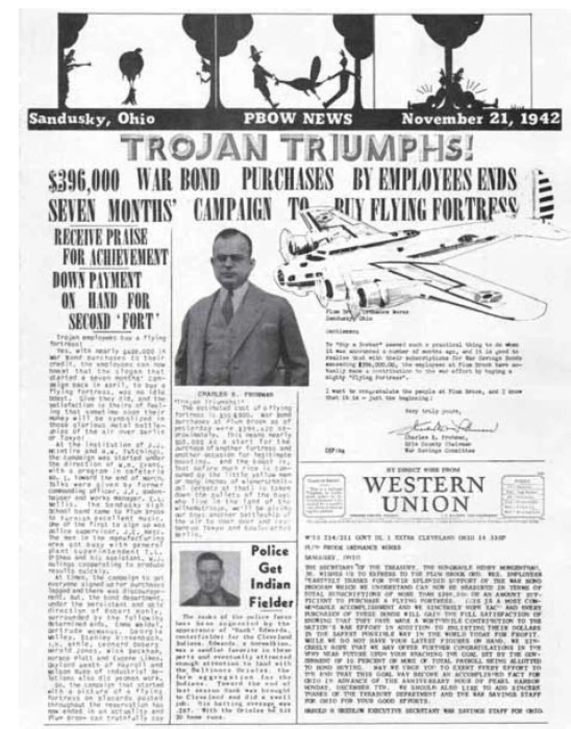 Plum Brook Ordnance Works Employee Newspaper 'PBOW News,' Sandusky, Ohio, November 21, 1942 — War Bond Drive for B-17 Flying Fortress