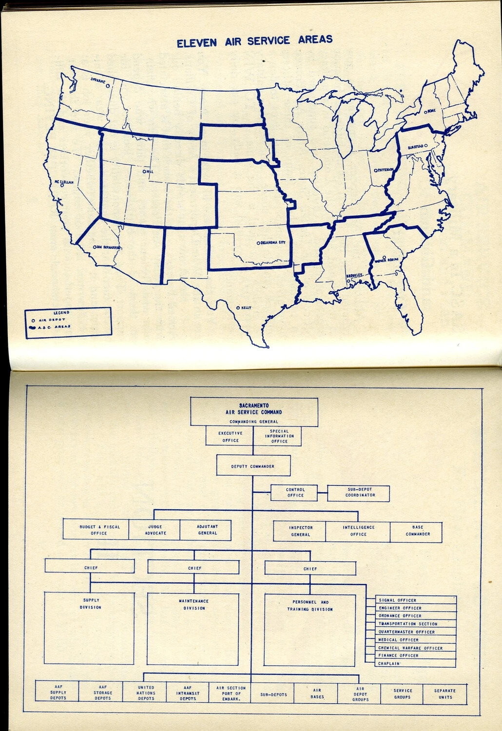"Eleven Air Service Areas" Map and Sacramento Air Service Command Organizational Chart, McClellan Field Guide Booklet, WWII
