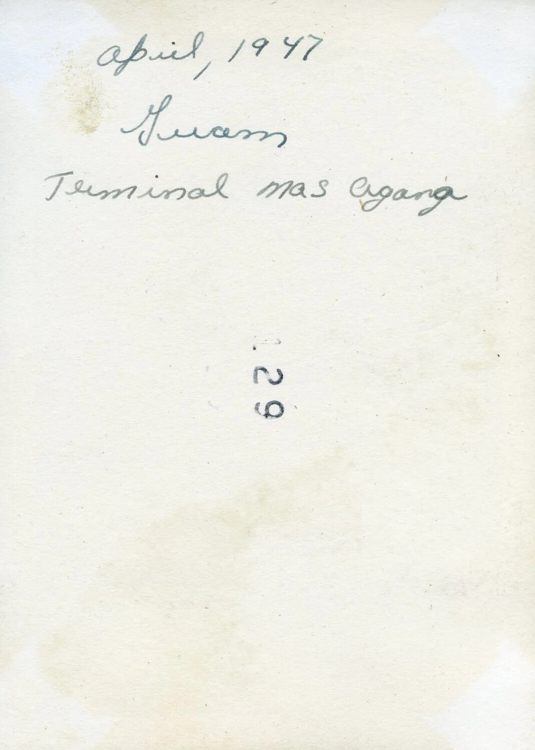 Verso of Photograph with Handwritten Caption, 'April 1947, Guam, Terminal NAS Agana,' VR-6 Squadron Album
